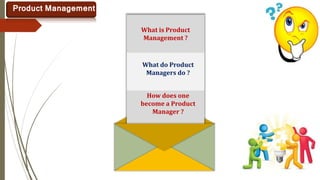 What is Product
Management ?
What do Product
Managers do ?
How does one
become a Product
Manager ?
Product Management
 