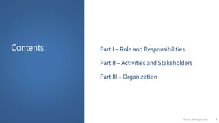 2©www.dhirenjani.com
Contents Part I – Role and Responsibilities
Part II – Activities and Stakeholders
Part III – Organization
 