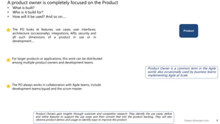 9©www.dhirenjani.com
A product owner is completely focused on the Product
• What is built?
• Who is it build for?
• How will it be used? And so on….
ProductThe PO looks at features, use cases, user interfaces,
architecture (occasionally), integrations, APIs, security and
all such dimensions of a product in use or in
development….
For larger products or applications, this work can be distributed
among multiple product owners and development teams.
The PO always works in collaboration with Agile teams, include
development teams/squad and the scrum master
Product Owners gain insights through customer and competitor research. They identify the use cases, define
and refine features to support the use cases and then convert that into the product backlog. They will also
observe product demos and usage to identify ways to improve the product.
Product Owner is a common term in the Agile
world, also occasionally used by business teams
implementing Agile at Scale.
 