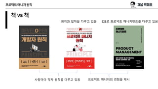 책 vs 책
프로덕트매니저원칙
사람마다 각자 원칙을 다루고 있음
E2E로 프로덕트 매니지먼트를 다루고 있음
프로덕트 매니저의 경험을 제시
원칙과 철학을 다루고 있음
 