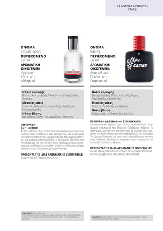 ΠΕΡΙΓΡΑΦΉ ΑΔΡΕΝΑΛΊΝΗ ΣΤΟ ΚΌΚΚΙΝΟ
Συναρπαστικό άρωμα με νότες πορτοκαλιού, κάρ-
δαμου, γιασεμιού και δυνατού ξυλώδους κέδρου. Το
Racing Eau de Parfum απευθύνεται σε άνδρες που αγα-
πούν την πρόκληση και επανακαθορίζουν την επιτυχία!
Το άρωμα διακρίνεται από τους σπιρτόζικους τόνους
πορτοκαλιού, κάρδαμου, σαγηνευτικού γιασεμιού και
δυνατού ξυλώδους κέδρου.
ΠΡΟΪΌΝΤΑ ΤΗΣ ΊΔΙΑΣ ΑΡΩΜΑΤΙΚΉΣ ΟΙΚΟΓΈΝΕΙΑΣ
Guido Maria Kretschmer for Men, Bruce Willis Personal
Edition, Jungle Man, LR Classics SINGAPORE
ΌΝΟΜΑ	
Racing
ΠΕΡΙΕΧΌΜΕΝΟ
50 ml
ΑΡΩΜΑΤΙΚΉ
ΟΙΚΟΓΈΝΕΙΑ	
Ανατολίτικο -
Πικάντικο -
Γοητευτικό
ΠΕΡΙΓΡΑΦΉ
3,2,1 - action!
Το LR Just Sport Eau de Parfum απευθύνεται σε άνετους
τύπους που αναζητούν ένα άρωμα που να συνδυάζει
την αθλητικότητα, την κομψότητα και την αρρενωπότη-
τα. Τα φρέσκα εσπεριδοειδή, η δυναμική οξύτητα της
πιπερόριζας και του πικάντικου κάρδαμου συνενώνο-
νται με αισθησιακές, κομψές ξυλώδεις νότες και μόσχο
εκπέμποντας ένα άνετο, χαλαρό lifestyle.
ΠΡΟΪΌΝΤΑ ΤΗΣ ΊΔΙΑΣ ΑΡΩΜΑΤΙΚΉΣ ΟΙΚΟΓΈΝΕΙΑΣ
Ocean’ Sky, LR Classics NIAGARA
ΌΝΟΜΑ	
LR Just Sport
ΠΕΡΙΕΧΌΜΕΝΟ
50 ml
ΑΡΩΜΑΤΙΚΉ
ΟΙΚΟΓΈΝΕΙΑ	
Φρέσκο -
Υδάτινο -
Αθλητικό
2.1 ΑΝΔΡΙΚΆ ΑΡΏΜΑΤΑ -
STARS
Νότες κορυφής
Βότκα, Αστεροειδές Γλυκάνισο, Πιπερόριζα,
Ανανάς
Μεσαίες νότες
Ξύλο Βραζιλιάνικης Καρυδιάς, Κάρδαμο,
Μοσχοκάρυδο
Νότες βάσης
Βετιβέρια, Ξύλο Παλίσανδρου, Μόσχος
Νότες κορυφής
Εσπεριδοειδή, Πορτοκάλι, Κάρδαμο,
Γαρύφαλλο, Βασιλικός
Μεσαίες νότες
Γιασεμί, Λεβάντα και Κέδρος
Νότες βάσης
Κεχριμπάρι, Μόσχος και Βανίλια
Ingredients (Eau de Parfum)
Alcohol denat., Parfum (Fragrance), Aqua (Water), Linalool, Benzyl Salicylate,
Limonene, Coumarin, Alpha-Isomethyl Ionone, Citral, Citronellol, Eugenol,
Geraniol
Ingredients Alcohol denat., Parfum (Fragrance), Aqua (Water), Linalool,
Limonene, Geraniol, Citral, Eugenol
 