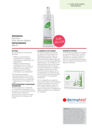 ΟΝΟΜΑΣΙΑ	
Aloe Vera
Σπρέι Άμεσης Δράσης
ΠΕΡΙΕΧΟΜΕΝΟ	
400 ml
ΕΡΕΥΝΕΣ
Οι συμμετέχοντες στην έρευνα
δήλωσαν:
•	100% των συμμετεχόντων
επιβεβαίωσαν την αίσθηση
ανακούφισης σε ερεθισμούς της
επιδερμίδας*
•	100% των συμμετεχόντων
επιβεβαίωσαν, ότι το Σπρέι
ανακουφίζει από τη φαγούρα*
•	100% των συμμετεχόντων
επιβεβαίωσαν, ότι το Σπρέι
καταπραΰνει την επιδερμίδα*
*Το Σπρέι Άμεσης Δράσης
δοκιμάστηκε από το Ινστιτούτο
Dermatest GmbH σε 30 γυναίκες
ηλικίας 30-50 ετών, για διάστημα
2 εβδομάδων τον Οκτώβριο του
2007.
ΠΡΟΤΕΙΝΟΜΕΝΟΣ ΣΥΝΔΥΑΣΜΟΣ
ΠΡΟΪΟΝΤΩΝ
Ψεκάστε αρχικά την επιδερμίδα
με το Σπρέι Άμεσης Δράσης, για να
ενισχύσετε την αποτελεσματικότητα
του Aloe Vera Ενυδατικού
Συμπυκνωμένου Gel και της Aloe
Vera Χαλαρωτικής Θερμαντικής
Λοσιόν.
Η ΣΥΜΒΟΥΛΗ ΤΟΥ ΕΙΔΙΚΟΥ
Τα πόδια κουράζονται ιδιαίτερα
και ιδρώνουν περισσότερο τους
καλοκαιρινούς μήνες, λόγω της
υψηλής θερμοκρασίας. Το Aloe
Vera Σπρέι Άμεσης Δράσης δροσίζει
άμεσα, ενώ τα εκχυλίσματα βοτάνων
καταπραΰνουν την επιδερμίδα. Το
καθημερινό ξύρισμα γίνεται συχνά
αιτία ερεθισμού για την ανδρική
επιδερμίδα. Μπορείτε να ψεκάσετε
στα χέρια σας λίγο από το Aloe
Vera Σπρέι Άμεσης Δράσης και να
το εφαρμόσετε στο πρόσωπό σας,
όπως ένα after shave. Καταπραΰνει
και χαλαρώνει την ερεθισμένη
επιδερμίδα.
Εάν η επιδερμίδα του κεφαλιού
παρουσιάζει ξηρότητα και ερεθισμό,
μπορείτε να ψεκάσετε απλά με το
Σπρέι Άμεσης Δράσης, κάνοντας
στη συνέχεια απαλό μασάζ με τις
άκρες των δαχτύλων. Προσφέρει μια
αίσθηση δροσιάς στην επιδερμίδα
του κεφαλιού.
ΠΡΟΣΘΕΤΟ ΠΡΟΪΟΝ
Το Σπρέι Άμεσης Δράσης κυκλοφορεί
και σε συσκευασία 150 ml, η οποία
διατίθεται με το Aloe Vera Special
Care Box που περιέχει επίσης το
Aloe Vera Ενυδατικό Συμπυκνωμένο
Gel και την Aloe Vera Προστατευτική
Κρέμα με Πρόπολη.
1.1 ALOE VERA ΕΙΔΙΚΗ
ΠΕΡΙΠΟΙΗΣΗ
TOP-
SELLER
Ingredients Aloe Barbadensis Leaf Juice,
Glycerin, Propylene Glycol, Aqua (Water), Benzyl
Alcohol, Phenoxyethanol, Allantoin, Potassium
Sorbate, Tocopherol, Achillea Millefolium Flower/
Leaf/Stem Extract, Eucalyptus Globulus Leaf Ext-
ract, Taraxacum Officinale (Dandelion) Rhizome/
Root Extract, Borago Officinalis Extract, Thymus
Vulgaris (Thyme) Leaf Extract, Zingiber Officinalis
(Ginger) Root Extract, Salvia Officinalis (Sage) Leaf
Extract, Passiflora Incarnata Extract, Calendula
Officinalis Flower Extract, Lactic Acid, Sodium Hy-
droxide, Chamomilla Recutita (Matricaria) Flower
Extract, Pterocarpus Santalinus Wood Extract,
Propolis Extract, Sodium Benzoate, Citric Acid
 