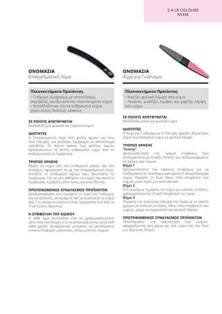 ΟΝΟΜΑΣΙΑ
Επαγγελματική Λίμα
ΟΝΟΜΑΣΙΑ
Λίμα για Γυάλισμα
ΣΕ ΠΟΙΟΥΣ ΑΠΕΥΘΥΝΕΤΑΙ
Κατάλληλη μόνο για φυσικά νύχια.
ΙΔΙΟΤΗΤΕΣ
Η Λίμα για Γυάλισμα με 4 Πλευρές χαρίζει βήμα προς
βήμα περιποιημένα νύχια με φυσική λάμψη.
ΤΡΟΠΟΣ ΧΡΗΣΗΣ
“Emery”
Χρησιμοποιήστε την τραχιά επιφάνεια που
επισημαίνεται με τη λέξη Emery για να διαμορφώσετε
το σχήμα των νυχιών.
Βήμα 1
Χρησιμοποιήστε την πράσινη επιφάνεια για να
επεξεργαστείτε τα αποχρωματισμένα ή ανομοιόμορφα
νύχια. Περάστε τη λίμα πάνω στην επιφάνεια των
νυχιών μόνο προς μια κατεύθυνση.
Βήμα 2
Στη συνέχεια, λιμάρετε τα νύχια με κυκλικές κινήσεις,
χρησιμοποιώντας τη ροζ επιφάνεια της λίμας.
Βήμα 3
Περάστε την τελευταία πλευρά της λίμας με το γκρίζο
χρώμα, με κυκλικές κινήσεις πάνω στην επιφάνεια των
νυχιών, μέχρι να εμφανιστεί μια φυσική λάμψη.
ΠΡΟΤΕΙΝΟΜΕΝΟΣ ΣΥΝΔΥΑΣΜΟΣ ΠΡΟΪΟΝΤΩΝ
Ολοκληρώστε την περιποίηση των νυχιών,
εφαρμόζοντας στα χέρια και στα νύχια σας τον Ορό
για Χέρια και Νύχια.
ΣΕ ΠΟΙΟΥΣ ΑΠΕΥΘΥΝΕΤΑΙ
Κατάλληλη για φυσικά και τεχνητά νύχια.
ΙΔΙΟΤΗΤΕΣ
Η Επαγγελματική Λίμα από φύλλα άμμου και στις
δύο πλευρές, για γρήγορο λιμάρισμα με αποτέλεσμα
ακριβείας. Οι λεπτοί κόκκοι των φύλλων άμμου
προστατεύουν τα λεπτά, εύθραυστα νύχια από το
σπάσιμο κατά το λιμάρισμα.
ΤΡΟΠΟΣ ΧΡΗΣΗΣ
Κόψτε τα νύχια σας στο επιθυμητό μήκος, και στη
συνέχεια σχηματίστε τα με την Επαγγελματική Λίμα.
Επιλέξτε το επιθυμητό σχήμα πριν ξεκινήσετε το
λιμάρισμα. Για να μην φθείρετε τα νύχια σας κατά το
λιμάρισμα, λιμάρετε μόνο προς μια κατεύθυνση.
ΠΡΟΤΕΙΝΟΜΕΝΟΣ ΣΥΝΔΥΑΣΜΟΣ ΠΡΟΪΟΝΤΩΝ
Χρησιμοποιήστε στη συνέχεια τη Λίμα για Γυάλισμα,
για να λειάνετε, να λιμάρετε και να γυαλίσετε τα νύχια
σας. Για ακόμα πιο έντονο look, εφαρμόστε ένα από τα
True Colour Βερνίκια.
Η ΣΥΜΒΟΥΛΗ ΤΟΥ ΕΙΔΙΚΟΥ
Η κάθε λίμα συνιστάται είτε να χρησιμοποιούνται
μόνο από ένα άτομο, είτε να απολυμαίνονται μετά από
κάθε χρήση. Διαφορετικά, μπορούν να μεταδώσουν
εύκολα διάφορες μολύνσεις, όπως μύκητες νυχιών.
2.4 LR COLOURS
ΝΥΧΙΑ
Πλεονεκτήματα Προϊόντος
• Γρήγορο λιμάρισμα με αποτέλεσμα
ακριβείας, για δυνατά και περιποιημένα νύχια
• Κατάλληλη και για τα εύθραυστα νύχια,
χάρη στους λεπτούς κόκκους
Πλεονεκτήματα Προϊόντος
• Χαρίζει φυσική λάμψη στα νύχια
• Λειαίνει, γυαλίζει, λιμάρει και χαρίζει λάμψη
στα νύχια
 