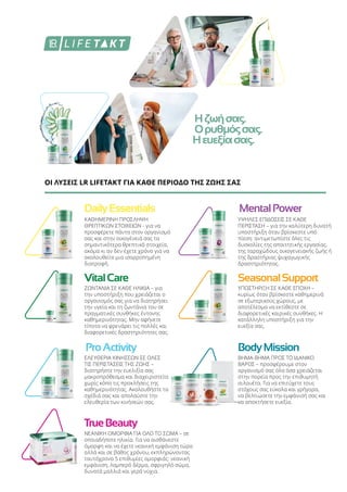 DailyEssentials MentalPower
BodyMission
TrueBeauty
SeasonalSupport
ProActivity
VitalCare
ΥΠΟΣΤΗΡΙΞΗ ΣΕ ΚΑΘΕ ΕΠΟΧΗ –
κυρίως όταν βρίσκεστε καθημερινά
σε εξωτερικούς χώρους, με
αποτέλεσμα να εκτίθεστε σε
διαφορετικές καιρικές συνθήκες. Η
κατάλληλη υποστήριξη για την
ευεξία σας.
ΕΛΕΥΘΕΡΙΑ ΚΙΝΗΣΕΩΝ ΣΕ ΟΛΕΣ
ΤΙΣ ΠΕΡΙΣΤΑΣΕΙΣ ΤΗΣ ΖΩΗΣ –
διατηρήστε την ευελιξία σας
μακροπρόθεσμα και διαχειριστείτε
χωρίς κόπο τις προκλήσεις της
καθημερινότητας. Ακολουθήστε τα
σχέδιά σας και απολαύστε την
ελευθερία των κινήσεών σας.
ΒΗΜΑ-ΒΗΜΑ ΠΡΟΣ ΤΟ ΙΔΑΝΙΚΟ
ΒΑΡΟΣ – προσφέρουμε στον
οργανισμό σας όλα όσα χρειάζεται
στην πορεία προς την επιθυμητή
σιλουέτα. Για να επιτύχετε τους
στόχους σας εύκολα και γρήγορα,
να βελτιώσετε την εμφάνισή σας και
να αποκτήσετε ευεξία.
ΝΕΑΝΙΚΗ ΟΜΟΡΦΙΑ ΓΙΑ ΟΛΟ ΤΟ ΣΩΜΑ – σε
οποιαδήποτε ηλικία. Για να αισθάνεστε
όμορφη και να έχετε νεανική εμφάνιση τώρα
αλλά και σε βάθος χρόνου, εκπληρώνοντας
ταυτόχρονα 5 επιθυμίες ομορφιάς: νεανική
εμφάνιση, λαμπερό δέρμα, σφριγηλό σώμα,
δυνατά μαλλιά και γερά νύχια.
ΖΩΝΤΑΝΙΑ ΣΕ ΚΑΘΕ ΗΛΙΚΙΑ – για
την υποστήριξη που χρειάζεται ο
οργανισμός σας για να διατηρήσει
την υγεία και τη ζωντάνια του σε
πραγματικές συνθήκες έντονης
καθημερινότητας. Μην αφήνετε
τίποτα να φρενάρει τις πολλές και
διαφορετικές δραστηριότητες σας.
ΥΨΗΛΕΣ ΕΠΙΔΟΣΕΙΣ ΣΕ ΚΑΘΕ
ΠΕΡΙΣΤΑΣΗ – για την καλύτερη δυνατή
υποστήριξη όταν βρίσκεστε υπό
πίεση: αντιμετωπίστε όλες τις
δυσκολίες της απαιτητικής εργασίας,
της ταραχώδους οικογενειακής ζωής ή
της δραστήριας ψυχαγωγικής
δραστηριότητας.
ΚΑΘΗΜΕΡΙΝΗ ΠΡΟΣΛΗΨΗ
ΘΡΕΠΤΙΚΩΝ ΣΤΟΙΧΕΙΩΝ - για να
προσφέρετε πάντα στον οργανισμό
σας και στην οικογένειά σας τα
σημαντικότερα θρεπτικά στοιχεία,
ακόμα κι αν δεν έχετε χρόνο για να
ακολουθείτε μια ισορροπημένη
διατροφή.
ΟΙ ΛΥΣΕΙΣ LR LIFETAKT ΓΙΑ ΚΑΘΕ ΠΕΡΙΟΔΟ ΤΗΣ ΖΩΗΣ ΣΑΣ
Ηζωήσας.
Ορυθμόςσας.
Ηευεξίασας.
 