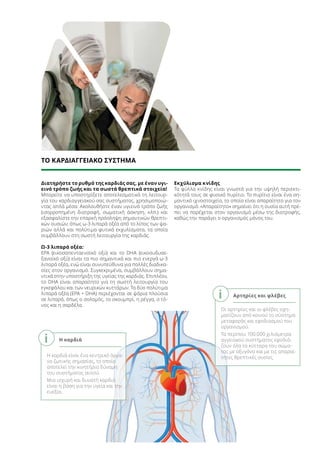 i Αρτηρίες και φλέβες
i H καρδιά
ΤΟ ΚΑΡΔΙΑΓΓΕΙΑΚΟ ΣΥΣΤΗΜΑ
Διατηρήστε το ρυθμό της καρδιάς σας, με έναν υγι-
εινό τρόπο ζωής και τα σωστά θρεπτικά στοιχεία!
Μπορείτε να υποστηρίξετε αποτελεσματικά τη λειτουρ-
γία του καρδιαγγειακού σας συστήματος, χρησιμοποιώ-
ντας απλά μέσα: Ακολουθήστε έναν υγιεινό τρόπο ζωής
(ισορροπημένη διατροφή, σωματική άσκηση, κλπ.) και
εξασφαλίστε την επαρκή πρόσληψη σημαντικών θρεπτι-
κών ουσιών, όπως ω-3 λιπαρά οξέα από το λίπος των ψα-
ριών αλλά και πολύτιμα φυτικά εκχυλίσματα, τα οποία
συμβάλλουν στη σωστή λειτουργία της καρδιάς.
Ω-3 λιπαρά οξέα:
EPA (εικοσαπενταενοϊκό οξύ) και το DHA (εικοσυδυαε-
ξανοϊκό οξύ) είναι τα πιο σημαντικά και πιο ενεργά ω-3
λιπαρά οξέα, ενώ είναι συνυπεύθυνα για πολλές διαδικα-
σίες στον οργανισμό. Συγκεκριμένα, συμβάλλουν σημα-
ντικά στην υποστήριξη της υγείας της καρδιάς. Επιπλέον,
το DHA είναι απαραίτητο για τη σωστή λειτουργία του
εγκεφάλου και των νευρικών κυττάρων. Τα δύο πολύτιμα
λιπαρά οξέα (EPA + DHA) περιέχονται σε ψάρια πλούσια
σε λιπαρά, όπως ο σολομός, το σκουμπρί, η ρέγγα, ο τό-
νος και η σαρδέλα.
Εκχύλισμα κνίδης
Τα φύλλα κνίδης είναι γνωστά για την υψηλή περιεκτι-
κότητά τους σε φυσικό πυρίτιο. Το πυρίτιο είναι ένα ση-
μαντικό ιχνοστοιχείο, το οποίο είναι απαραίτητο για τον
οργανισμό. «Απαραίτητο» σημαίνει ότι η ουσία αυτή πρέ-
πει να παρέχεται στον οργανισμό μέσω της διατροφής,
καθώς την παράγει ο οργανισμός μόνος του.
Η καρδιά είναι ένα κεντρικό όργα-
νο ζωτικής σημασίας, το οποίο
αποτελεί την κινητήρια δύναμη
του συστήματος αυτού.
Μια ισχυρή και δυνατή καρδιά
είναι η βάση για την υγεία και την
ευεξία.
Οι αρτηρίες και οι φλέβες σχη-
ματίζουν από κοινού το σύστημα
μεταφοράς και εφοδιασμού του
οργανισμού.
Τα περίπου 100.000 χιλιόμετρα
αγγειακού συστήματος εφοδιά-
ζουν όλα τα κύτταρα του σώμα-
τος με οξυγόνο και με τις απαραί-
τητες θρεπτικές ουσίες.
 