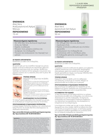 ΣΕ ΠΟΙΟΥΣ ΑΠΕΥΘΥΝΕΤΑΙ
Κατάλληλο για κάθε τύπο επιδερμίδας.
ΙΔΙΟΤΗΤΕΣ
Προσφέρει εντατική ενυδάτωση και αφήνει μια ευχάριστη
αίσθηση απαλότητας στην επιδερμίδα. Απορροφάται
πολύ γρήγορα, χάρη στην απαλή, μη λιπαρή υφή gel.
Χαρίζει φρεσκάδα και λάμψη, ενώ περιέχει 50% Aloe Vera
και βιολογικό εκχύλισμα ελιάς.
ΤΡΟΠΟΣ ΧΡΗΣΗΣ
Εφαρμόστε πρωί και βράδυ μετά τον καθαρισμό,
στο πρόσωπο, το λαιμό και το ντεκολτέ. Μπορεί να
χρησιμοποιηθεί και ως βάση για το μακιγιάζ.
ΠΡΟΤΕΙΝΟΜΕΝΟΣ ΣΥΝΔΥΑΣΜΟΣ ΠΡΟΪΟΝΤΩΝ
Σας συνιστούμε τον καθαρισμό του προσώπου με την
Καθαριστική Λοσιόν Προσώπου και το Εξισορροπιστικό
Γαλάκτωμα Καθαρισμού από τη σειρά Aloe Vera.
Η ΣΥΜΒΟΥΛΗ ΤΟΥ ΕΙΔΙΚΟΥ
Το Aloe Vera Δροσιτικό Gel-Κρέμα καλύπτει τις ανάγκες
περιποίησης για κάθε τύπο επιδερμίδας, ενώ ενδείκνυται
ιδιαίτερα για τις μεικτές επιδερμίδες. Τα σημεία της
επιδερμίδας που παρουσιάζουν ξηρότητα λαμβάνουν
την περιποίηση που χρειάζονται, ενώ εξισορροπεί τη
λιπαρότητα σε πιο λιπαρά σημεία.
Η λεπτόρρευστη sorbet υφή του gel, το κάνει ιδιαίτερα
δημοφιλές και στους άνδρες. Μετά την έκθεση στον ήλιο
ή μετά από μια κουραστική ημέρα, το Gel-Κρέμα χαρίζει
μια ευχάριστη αίσθηση φρεσκάδας στη γυναικεία αλλά
και την ανδρική επιδερμίδα του προσώπου.
Έχει κατατεθεί Αίτηση για Δίπλωμα Ευρεσιτεχνίας:
Αρ. Πρωτοκόλλου DE 10 2010 030 654.1
ΟΝΟΜΑΣΙΑ	
Aloe Vera
Αναζωογονητική Κρέμα
Ματιών
ΠΕΡΙΕΧΟΜΕΝΟ	
15 ml
ΣΕ ΠΟΙΟΥΣ ΑΠΕΥΘΥΝΕΤΑΙ
Κατάλληλη για κάθε τύπο επιδερμίδας.
ΙΔΙΟΤΗΤΕΣ
Με απαλή υφή, για την ευαίσθητη περιοχή των ματιών.
Χαρίζει εντατική ενυδάτωση και περιποίηση, χάρη στο
βιολογικό εκχύλισμα ελιάς που περιέχει. Βοηθά στην
πρόληψη των πρώτων λεπτών γραμμών, ενώ μειώνει τους
μαύρους κύκλους και τις σακούλες κάτω από τα μάτια. Με
50% Aloe Vera.
ΤΡΟΠΟΣ ΧΡΗΣΗΣ
Εφαρμόστε την κρέμα πρωί και βράδυ.
Συμβουλή:
Χρησιμοποιείτε την Aloe Vera Αναζωογονητική
Κρέμα Ματιών προληπτικά. Αν η επιδερμίδα
παρουσιάζει ξηρότητα, εφαρμόστε την κρέμα 2
φορές την ημέρα, μετά τον καθαρισμό και την
περιποίηση.
Εφαρμογή:
Εφαρμόστε την κρέμα χτυπώντας απαλά με το
δείκτη γύρω από τα μάτια, χωρίς να την τρίβετε.
Πρόσθετη συμβουλή:
Απλώστε μια πλούσια στρώση κρέμας και αφήστε
τη να δράσει για 20 λεπτά ως μάσκα ματιών.
ΠΛΗΡΟΦΟΡΙΕΣ ΓΙΑ ΤΑ ΣΥΣΤΑΤΙΚΑ
Το Haloxyl®
χαρίζει φρεσκάδα στην περιοχή των ματιών,
σε συνδυασμό με το εκχύλισμα ελιάς και τα πεπτίδια.
ΠΡΟΤΕΙΝΟΜΕΝΟΣ ΣΥΝΔΥΑΣΜΟΣ ΠΡΟΪΟΝΤΩΝ
Η Κρέμα Ημέρας Πολλαπλών Δράσεων και η Αναπλαστική
Κρέμα Νυκτός της σειράς Aloe Vera ολοκληρώνουν τη
διαδικασία περιποίησης.
Έχει κατατεθεί Αίτηση για Δίπλωμα Ευρεσιτεχνίας:
Αρ. Πρωτοκόλλου DE 10 2010 030 654.1
ΟΝΟΜΑΣΙΑ	
Aloe Vera
Δροσιστικό Gel-Κρέμα
ΠΕΡΙΕΧΟΜΕΝΟ	
50 ml
1.2 ALOE VERA
ΠΕΡΙΠΟΙΗΣΗ  ΚΑΘΑΡΙΣΜΟΣ
ΠΡΟΣΩΠΟΥ
Πλεονεκτήματα προϊόντος
• Με 50% Aloe Vera, βιολογικό εκχύλισμα
ελιάς και Haloxyl
• Χαρίζει ενυδάτωση
• Μειώνει τους μαύρους κύκλους και
συσφίγγει την επιδερμίδα
• Τονώνει και αναζωογονεί την περιοχή των
ματιών
Πλεονεκτήματα προϊόντος
• Με 50% gel Aloe Vera και βιολογικό
εκχύλισμα ελιάς
• Χαρίζει εντατική ενυδάτωση και επιπλέον
φρεσκάδα
• Αναζωογονεί την επιδερμίδα και
προστατεύει από τις ελεύθερες ρίζες
• Η επιδερμίδα φαίνεται ανανεωμένη και
λαμπερή
Ingredients Aloe Barbadensis Leaf Juice, Aqua (Water), Hydrogenated Poly-
decene, Hydrogenated Coco-Glucerides, Aluminum Starch Octenylsuccinate,
Sorbitol, Glyceryl Stearate, Diethylamino Hydroxybenzoyl Hexyl Benzoate,
Phenoxyethanol, Arginine, Dimethicone, Glycerin, Behenyl Alcohol, Cetearyl
Alcohol, Carbomer, Palmitic Acid, Stearic Acid, Olea Europea (Olive) Fruit
Extract, Ethylhexylglycerin, Biosaccharide Gum-4, Lauryl Alcohol, Myristyl Al-
cohol, Cetyl Alcohol, Parfum (Fragrance), Biosaccharide Gum-1, Steareth-20,
Lactic Acid, Lecithin, Sodium Benzoate, Potassium Sorbate, Citric Acid,
N-Hydroxysuccinimide, Linalool, Hydroxyisohexyl 3-Cyclohexene Carbox-
aldehyde, Hexyl Cinnamal, Butylphenyl Methylpropional, Benzyl Salicylate,
Palmitoyl Tetrapeptide-7, Hordeum Distichon (Barley) Extract, Disodium Ruti-
nyl Disulfate, Melissa Officinalis Leaf Extract, Chrysin, Palmitoyl Tripeptide-1,
Alpha-Isomethyl Ionone, Sorbic Acid, Sodium Citrate, Biotin
Ingredients Aloe Barbadensis Leaf Juice, Aqua (Water), Alcohol denat.,
Dimethicone, Glycerin, Hydroxyethyl Acrylate/Sodium Acryloyldimethyl Tau-
rate Copolymer, Dimethicone/Vinyl Dimethicone Crosspolymer, Saccharide
Isomerate, Ethylhexyl Palmitate, Ammonium Acryloyldimethyltaurate/VP
Copolymer, Phenoxyethanol, Parfum (Fragrance), Olea Europea (Olive) Fruit
Extract, Silica, Ethylhexylglycerin, Butylene Glycol, Butyl Methoxydibenzoyl-
methane, Ethylhexyl Methoxycinnamate, Citric Acid, Lactic Acid, Ethylhexyl
Salicylate, Isoceth-10, Sodium Hydroxide, Linalool, Hydroxyisohexyl 3-Cyc-
lohexene, Carboxaldehyde, Hexyl Cinnamal, Sodium Benzoate, Potassium
Sorbate, Butylphenyl Methylpropional, Benzyl Salicylate, Alpha-Isomethyl
Ionone, Citronellol, Eugenol, Sorbic Acid, Tocopherol, CI 61570 (Green 5), CI
19140 (Yellow 5)
 