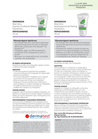 ΟΝΟΜΑΣΙΑ	
Aloe Vera
Αναζωογονητικό Peeling
Προσώπου
ΠΕΡΙΕΧΟΜΕΝΟ	
75 ml
ΟΝΟΜΑΣΙΑ	
Aloe Vera
Express Ενυδατική Μάσκα
Προσώπου
ΠΕΡΙΕΧΟΜΕΝΟ	
75 ml
ΣΕ ΠΟΙΟΥΣ ΑΠΕΥΘΥΝΕΤΑΙ
Κατάλληλο για κάθε τύπο επιδερμίδας.
ΙΔΙΟΤΗΤΕΣ
Απαλό peeling για το πρόσωπο, σε μορφή gel με
φυσικούς κόκκους από αλεσμένο μπαμπού. Βελτιώνει
την όψη της επιδερμίδας, χωρίς να επηρεάζει τη
φυσική της ισορροπία. Απομακρύνει απαλά τα νεκρά
κύτταρα και διεγείρει την κυκλοφορία του αίματος
στην επιδερμίδα. Η 50% περιεκτικότητα σε Aloe Vera
και το βιολογικό εκχύλισμα αγριοτριανταφυλλιάς
χαρίζουν λάμψη και φρεσκάδα στην επιδερμίδα. Το
βιολογικό εκχύλισμα αγριοτριανταφυλλιάς έχει επίσης
καταπραϋντική δράση.
ΤΡΟΠΟΣ ΧΡΗΣΗΣ
Εφαρμόστε 1-2 φορές την εβδομάδα το Aloe Vera
Αναζωογονητικό Peeling Προσώπου σε νωπή
επιδερμίδα και κάντε μασάζ με απαλές, κυκλικές
κινήσεις, αποφεύγοντας την ευαίσθητη περιοχή των
ματιών. Στη συνέχεια, ξεπλύνετε το peeling με άφθονο
χλιαρό νερό και εφαρμόστε τα υπόλοιπα προϊόντα
περιποίησης που χρησιμοποιείτε. Κατάλληλο για το
λαιμό και το ντεκολτέ.
ΠΡΟΤΕΙΝΟΜΕΝΟΣ ΣΥΝΔΥΑΣΜΟΣ ΠΡΟΪΟΝΤΩΝ
Μετά το peeling, η επιδερμίδα αποκτά φρεσκάδα,
αλλά και μεγαλύτερη ικανότητα απορρόφησης των
υπόλοιπων προϊόντων περιποίησης, π.χ. της Aloe Vera
Express Ενυδατικής Μάσκας Προσώπου.
Έχει κατατεθεί Αίτηση για Δίπλωμα
Ευρεσιτεχνίας:
Αρ. Πρωτοκόλλου DE 10 2010 030 654.1
ΣΕ ΠΟΙΟΥΣ ΑΠΕΥΘΥΝΕΤΑΙ
Κατάλληλη για κάθε τύπο επιδερμίδας. Χαρίζει επιπλέον
ενυδάτωση στην ξηρή επιδερμίδα.
ΙΔΙΟΤΗΤΕΣ
• Η 50% περιεκτικότητα σε gel Aloe Vera προσφέρει
εντατική ενυδάτωση στην επιδερμίδα που παρουσιάζει
ξηρότητα και ερεθισμό.
• Το συστατικό AquaprontTM
συμβάλλει στην πλήρωση
των ρυτίδων και στη σμίκρυνση των πόρων, ενώ
βελτιώνει σημαντικά την όψη της επιδερμίδας.
• Το AquaxylTM
είναι ένα ιδιαίτερα ήπιο συστατικό, το
οποίο εμποδίζει την απώλεια υγρασίας της επιδερμίδας.
• Η Πανθενόλη βελτιστοποιεί την ικανότητα
αποθήκευσης υγρασίας της επιδερμίδας.
ΤΡΟΠΟΣ ΧΡΗΣΗΣ
Εφαρμόστε αρκετή ποσότητα σε καθαρή επιδερμίδα, στο
πρόσωπο, το λαιμό και/ή το ντεκολτέ. Αφήστε τη μάσκα να
δράσει για 3 λεπτά. Αφαιρέστε τυχόν υπολείμματα με ένα
μαντηλάκι καθαρισμού.
ΠΡΟΤΕΙΝΟΜΕΝΟΣ ΣΥΝΔΥΑΣΜΟΣ ΠΡΟΪΟΝΤΩΝ
Σας συνιστούμε να καθαρίσετε την επιδερμίδα σας με
την Aloe Vera Καθαριστική Λοσιόν Προσώπου και το Aloe
Vera Εξισορροπιστικό Γαλάκτωμα Καθαρισμού ή το Aloe
Vera Αναζωογονητικό Peeling Προσώπου, πριν τη χρήση
της μάσκας.
*σύμφωνα με τις μετρήσεις μέσω μηχανήματος Corneometer του
Ινστιτούτου Dermatest σε 20 συμμετέχοντες τον Ιανουάριο του 2017
1.2 ALOE VERA
ΠΕΡΙΠΟΙΗΣΗ  ΚΑΘΑΡΙΣΜΟΣ
ΠΡΟΣΩΠΟΥ
Πλεονεκτήματα προϊόντος
• Με 50% gel Aloe Vera, βιολογικό εκχύλισμα
αγριοτριανταφυλλιάς και έναν συνδυασμό
δραστικών συστατικών από AquaxylΤΜ
και
AquaprontTM
• Προσφέρει μέχρι και 95% περισσότερη
ενυδάτωση στην επιδερμίδα, σε μόλις 3
λεπτά*
• Βελτιώνει την ελαστικότητα και το επίπεδο
υγρασίας της επιδερμίδας
Πλεονεκτήματα προϊόντος
• Με 50% gel Aloe Vera, βιολογικό εκχύλισμα
αγριοτριανταφυλλιάς και φυτικούς κόκκους
απολέπισης
• Απομακρύνει απαλά τα νεκρά κύτταρα και
τονώνει την μικροκυκλοφορία του αίματος
• Βελτιώνει την όψη της επιδερμίδας, χωρίς
να διαταράσσει τη φυσική ισορροπία της
• Η επιδερμίδα είναι απαλή και λαμπερή
Ingredients Aloe Barbadensis Leaf Juice, Aqua (Water), Glycerin, Ethylhexyl
Stearate, Dicaprylyl Ether, Squalane, Silica, Xylitylglucoside, Hydroxyethyl
Acrylate/Sodium Acryloyldimethyl Taurate Copolymer, Olus (Vegetable) Oil,
Sodium Polyacrylate, Anhydroxylitol, Tocopheryl Acetate, Hexyldecanol, He-
xyldecyl Laurate, Glycosphingolipids, Hordeum Vulgare Extract, Phenoxyetha-
nol, Acrylates/C10-30 Polysorbate 60, Sodium Hydroxide, Glucose, Sodium
Hyaluronate, Ethylhexylglycerin, Lactic Acid, Citric Acid, Potassium Sorbate,
Sodium Benzoate, Linalool, Hexyl Cinnamal, Hydroxyisohexyl 3-Cyclohexene
Carboxaldehyde, Butylphenyl Methylpropional, Benzyl Salicylate
Ingredients Aloe Barbadensis Leaf Juice, Aqua (Water), Glycerin, Polylactic
Acid, Sodium Laureth Sulfate, PEG-40 Hydrogenated Castor Oil, Acrylates/
C10-30 Alkyl Acrylate Crosspolymer, Disodium Laureth Sulfosuccinate, Coco-
Glucoside, Glyceryl Oleate, Sodium Levulinate, Bambusa Arundinacea Stem
Powder, Xanthan Gum, Jojoba Esters, Sodium Anisate, Sodium Hydroxide,
Parfum (Fragrance), Rosa Canina Fruit Extract, Tocopherol, Citric Acid,
Hydrogenated Palm Glycerides Citrate, Lecithin, Ascorbyl Palmitate, Lactic
Acid, Sodium Benzoate, Potassium Sorbate, Linanool, Hydroxyisohexyl 3-Cy-
clohexene Carboxaldehyde, Hexyl Cinnamal, Butylphenyl Methylpropional,
Benzyl Salicylate, Alpha-Isomethyl Ionone, Citronellol, CI 77289 (Chromium
Hydroxide Green)
 