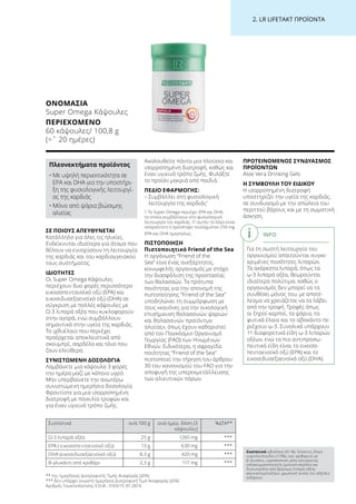 2. LR LIFETAKT ΠΡΟΪΟΝΤΑ
ΣΕ ΠΟΙΟΥΣ ΑΠΕΥΘΥΝΕΤΑΙ
Κατάλληλο για όλες τις ηλικίες.
Ενδείκνυται ιδιαίτερα για άτομα που
θέλουν να ενισχύσουν τη λειτουργία
της καρδιάς και του καρδιαγγειακού
τους συστήματος.
ΙΔΙΟΤΗΤΕΣ
Οι Super Omega Κάψουλες
περιέχουν δυο φορές περισσότερο
εικοσαπεντανοϊκό οξύ (EPA) και
εικοσιδυαεξαενοϊκό οξύ (DHA) σε
σύγκριση με πολλές κάψουλες με
Ω-3 λιπαρά οξέα που κυκλοφορούν
στην αγορά, ενώ συμβάλλουν
σημαντικά στην υγεία της καρδιάς.
Το ιχθυέλαιο που περιέχει
προέρχεται αποκλειστικά από
σκουμπρί, σαρδέλα και τόνο που
ζουν ελεύθερα.
ΣΥΝΙΣΤΩΜΕΝΗ ΔΟΣΟΛΟΓΙΑ
Λαμβάνετε μια κάψουλα 3 φορές
την ημέρα μαζί με κάποιο υγρό.
Μην υπερβαίνετε την ανωτέρω
συνιστώμενη ημερήσια δοσολογία.
Φροντίστε για μια ισορροπημένη
διατροφή με ποικιλία τροφών και
για έναν υγιεινό τρόπο ζωής.
Ακολουθείτε πάντα μια πλούσια και
ισορροπημένη διατροφή, καθώς και
έναν υγιεινό τρόπο ζωής. Φυλάξτε
το προϊόν μακριά από παιδιά.
ΠΕΔΙΟ ΕΦΑΡΜΟΓΗΣ:
– Συμβάλλει στη φυσιολογική
λειτουργία της καρδιάς1
1 Το Super Omega περιέχει EPA και DHA,
τα οποία συμβάλλουν στη φυσιολογική
λειτουργία της καρδιάς. Γι’ αυτόν το λόγο είναι
απαραίτητη η πρόσληψη τουλάχιστον 250 mg
EPA και DHA ημερησίως.
ΠΙΣΤΟΠΟΙΗΣΗ
Πιστοποιητικό Friend of the Sea
Η οργάνωση “Friend of the
Sea” είνα ένας ανεξάρτητος,
κοινωφελής οργανισμός με στόχο
την διασφάλιση της προστασίας
των θαλασσών. Τα πρότυπα
ποιότητας για την απονομή της
πιστοποίησης “Friend of the Sea”
υποδηλώνει τη συμμόρφωση με
τους «κανόνες για την οικολογική
επισήμανση θαλασσινών ψαριών
και θαλασσινών προϊόντων
αλιείας», όπως έχουν καθοριστεί
από τον Παγκόσμιο Οργανισμό
Γεωργίας (FAO) των Ηνωμένων
Εθνών. Ειδικότερα, η σφραγίδα
ποιότητας “Friend of the Sea”
πιστοποιεί την τήρηση του άρθρου
30 του κανονισμού του FAO για την
αποφυγή της υπερεκμετάλλευσης
των αλιευτικών πόρων.
ΠΡΟΤΕΙΝΟΜΕΝΟΣ ΣΥΝΔΥΑΣΜΟΣ
ΠΡΟΪΟΝΤΩΝ
Aloe Vera Drinking Gels
Η ΣΥΜΒΟΥΛΗ ΤΟΥ ΕΙΔΙΚΟΥ
Η ισορροπημένη διατροφή
υποστηρίζει την υγεία της καρδιάς,
σε συνδυασμό με την απώλεια του
περιττού βάρους και με τη σωματική
άσκηση.
** της ημερήσιας Διατροφικής Τιμής Αναφοράς (ΔΤΑ)
*** δεν υπάρχει γνωστή ημερήσια Διατροφική Τιμή Αναφοράς (ΔΤΑ)
Αριθμός Γνωστοποίησης Ε.Ο.Φ.: 3103/15-01-2010
Συστατικά ανά 100 g ανά ημερ. δόση (3
κάψουλες)
%ΔΤΑ**
Ω-3 λιπαρά οξέα 25 g 1260 mg ***
EPA ( εικοσαπενταενοϊκό οξύ) 13 g 630 mg ***
DHA (εικοσιδυαεξαενοϊκό οξύ) 8,3 g 420 mg ***
Β-γλυκάνη από κριθάρι 2,3 g 117 mg ***
INFO
Για τη σωστή λειτουργία του
οργανισμού απαιτούνται συγκε-
κριμένες ποσότητες λιπαρών.
Τα ακόρεστα λιπαρά, όπως τα
ω-3 λιπαρά οξέα, θεωρούνται
ιδιαίτερα πολύτιμα, καθώς ο
οργανισμός δεν μπορεί να τα
συνθέσει μόνος του, με αποτέ-
λεσμα να χρειάζεται να τα λάβει
από την τροφή. Τροφές όπως
οι ξηροί καρποί, τα ψάρια, τα
φυτικά έλαια και το αβοκάντο πε-
ριέχουν ω-3. Συνολικά υπάρχουν
11 διαφορετικά είδη ω-3 λιπαρών
οξέων, ενώ τα πιο αντιπροσω-
πευτικά είδη είναι το εικοσα-
πενταενοϊκό οξύ (EPA) και το
εικοσιδυαεξαενοϊκό οξύ (DHA).
ΟΝΟΜΑΣΊΑ	
Super Omega Κάψουλες
ΠΕΡΙΕΧΌΜΕΝΟ	
60 κάψουλες/ 100,8 g
(=ˆ 20 ημέρες)
Συστατικά Ιχθυέλαιο (41 %), ζελατίνη, έλαιο
νυχτολούλουδου (13%), ίνες κριθαριού με
β-γλυκάνη, υγροσκοπικό μέσο (γλυκερίνη),
γαλακτωματοποιητής (μονογλυκερίδια και
διγλυκερίδια από βρώσιμα λιπαρά οξέα),
φοινικοπυρηνέλαιο, χρωστική ουσία του (οξείδιο
σιδήρου).
Πλεονεκτήματα προϊόντος
• Με υψηλή περιεκτικότητα σε
EPA και DHA για την υποστήρι-
ξη της φυσιολογικής λειτουργί-
ας της καρδιάς
• Μόνο από ψάρια βιώσιμης
αλιείας
 