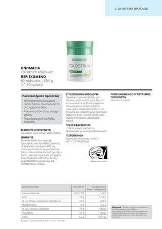 WWW.SGS-QUALITAETSSIEGEL.DE
2. LR LIFETAKT ΠΡΟΪΟΝΤΑ
ΟΝΟΜΑΣΊΑ
Colostrum Κάψουλες
ΠΕΡΙΕΧΌΜΕΝΟ
60 κάψουλες / 30,9 g
(=ˆ 30 ημέρες)
ΣΕ ΠΟΙΟΥΣ ΑΠΕΥΘΥΝΕΤΑΙ
Για άνδρες και γυναίκες κάθε ηλικίας.
ΙΔΙΟΤΗΤΕΣ
Φυσικό προϊόν που περιέχει
πρωτόγαλα από αγελάδες Ευρώπης.
Οι κάψουλες περιέχουν 800 mg
πολύτιμη αποβουτυρωμένη σκόνη
βόειου πρωτογάλακτος ανά ημερήσια
δόση, ενώ είναι πρακτικές για χρήση
όταν βρίσκεστε καθ’ οδόν. Δεν έχει
γίνει προσθήκη χρωστικών και
συντηρητικών ουσιών.
ΣΥΝΙΣΤΩΜΕΝΗ ΔΟΣΟΛΟΓΙΑ
Λαμβάνετε πρωί και βράδυ μια
κάψουλα μαζί με λίγο νερό. Να μην
καταναλώνεται με ζεστά ροφήματα.
Να φυλάσσεται σε δροσερό και
ξηρό μέρος. Ακολουθείτε πάντα μια
πλούσια και ισορροπημένη διατροφή,
καθώς και έναν υγιεινό τρόπο ζωής.
Φυλάξτε το προϊόν μακριά από
παιδιά.
ΠΕΔΙΟ ΕΦΑΡΜΟΓΗΣ:
– Για τη γενική ευεξία του
οργανισμού με συνεχή κατανάλωση
ΠΙΣΤΟΠΟΙΗΣΗ
Σφραγίδα ποιότητας του SGS
INSTITUT FRESENIUS
ΠΡΟΤΕΙΝΟΜΕΝΟΣ ΣΥΝΔΥΑΣΜΟΣ
ΠΡΟΪΟΝΤΩΝ
Colostrum Liquid
Πλεονεκτήματα προϊόντος
• 800 mg αποβουτυρωμένη
σκόνη βόειου πρωτογάλακτος
ανά ημερήσια δόση
• Φυσικό προϊόν ήπιας επεξερ-
γασίας
• Πρωτόγαλα από αγελάδες
Ευρώπης
Συστατικά 77% σκόνη βόειου πρωτογάλακτος
(αποβουτυρωμένη σκόνη βόειου
πρωτογάλακτος), ζελατίνη, αντισυσσωματικός
παράγοντας (άλατα μαγνησίου από βρώσιμα
λιπαρά οξέα), χρωστική ουσία (διοξείδιο του
τιτανίου).
Διατροφική αξία ανά 100 ml ανά ημερήσια
δόση (2 κάψουλες)
Ενέργεια (kJ/kcal) 1419 / 335 14 / 3
Λίπη 3,9 g  0,5 g
εκ των οποίων κορεσμένα λιπαρά οξέα 2,5 g 0,1 g
Υδατάνθρακες 14 g 0,5 g
εκ των οποίων σάκχαρα 14 g 0,5 g
Πρωτεΐνη 61 g 0,6 g
Αλάτι 1,2 g 0,01 g
Αριθμός Γνωστοποίησης Ε.Ο.Φ.: 47212/11-07-2007
 
