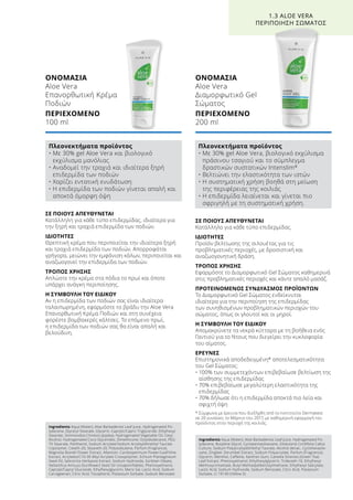 ΣΕ ΠΟΙΟΥΣ ΑΠΕΥΘΥΝΕΤΑΙ
Κατάλληλη για κάθε τύπο επιδερμίδας, ιδιαίτερα για
την ξηρή και τραχιά επιδερμίδα των ποδιών.
ΙΔΙΟΤΗΤΕΣ
Θρεπτική κρέμα που περιποιείται την ιδιαίτερα ξηρή
και τραχιά επιδερμίδα των ποδιών. Απορροφάται
γρήγορα, μειώνει την εμφάνιση κάλων, περιποιείται και
αναζωογονεί την επιδερμίδα των ποδιών.
ΤΡΟΠΟΣ ΧΡΗΣΗΣ
Απλώστε την κρέμα στα πόδια το πρωί και όποτε
υπάρχει ανάγκη περιποίησης.
Η ΣΥΜΒΟΥΛΗ ΤΟΥ ΕΙΔΙΚΟΥ
Αν η επιδερμίδα των ποδιών σας είναι ιδιαίτερα
ταλαιπωρημένη, εφαρμόστε το βράδυ την Aloe Vera
Επανορθωτική Κρέμα Ποδιών και στη συνέχεια
φορέστε βαμβακερές κάλτσες. Το επόμενο πρωί,
η επιδερμίδα των ποδιών σας θα είναι απαλή και
βελούδινη.
ΣΕ ΠΟΙΟΥΣ ΑΠΕΥΘΥΝΕΤΑΙ
Κατάλληλο για κάθε τύπο επιδερμίδας.
ΙΔΙΟΤΗΤΕΣ
Προϊόν βελτίωσης της σιλουέτας για τις
προβληματικές περιοχές, με δροσιστική και
αναζωογονητική δράση.
ΤΡΟΠΟΣ ΧΡΗΣΗΣ
Εφαρμόστε το Διαμορφωτικό Gel Σώματος καθημερινά
στις προβληματικές περιοχές και κάντε απαλό μασάζ.
ΠΡΟΤΕΙΝΟΜΕΝΟΣ ΣΥΝΔΥΑΣΜΟΣ ΠΡΟΪΟΝΤΩΝ
Το Διαμορφωτικό Gel Σώματος ενδείκνυται
ιδιαίτερα για την περιποίηση της επιδερμίδας
των συνηθισμένων προβληματικών περιοχών του
σώματος, όπως οι γλουτοί και οι μηροί.
Η ΣΥΜΒΟΥΛΗ ΤΟΥ ΕΙΔΙΚΟΥ
Απομακρύνετε τα νεκρά κύτταρα με τη βοήθεια ενός
Γαντιού για το Ντους που διεγείρει την κυκλοφορία
του αίματος.
ΕΡΕΥΝΕΣ
Επιστημονικά αποδεδειγμένη* αποτελεσματικότητα
του Gel Σώματος:
• 100% των συμμετεχόντων επιβεβαίωσε βελτίωση της
αίσθησης της επιδερμίδας
• 70% επιβεβαίωσε μεγαλύτερη ελαστικότητα της
επιδερμίδας
• 70% δήλωσε ότι η επιδερμίδα αποκτά πιο λεία και
σφιχτή όψη
* Σύμφωνα με έρευνα που διεξήχθη από το Ινστιτούτο Dermatest
σε 20 γυναίκες το Μάρτιο του 2017, με καθημερινή εφαρμογή του
προϊόντος στην περιοχή της κοιλιάς.
ΟΝΟΜΑΣΙΑ	
Aloe Vera
Επανορθωτική Κρέμα
Ποδιών
ΠΕΡΙΕΧΟΜΕΝΟ	
100 ml
1.3 ALOE VERA
ΠΕΡΙΠΟΙΗΣΗ ΣΩΜΑΤΟΣ
ΟΝΟΜΑΣΙΑ	
Aloe Vera
Διαμορφωτικό Gel
Σώματος
ΠΕΡΙΕΧΟΜΕΝΟ	
200 ml
Πλεονεκτήματα προϊόντος
• Με 30% gel Aloe Vera και βιολογικό
εκχύλισμα μανόλιας
• Αναδομεί την τραχιά και ιδιαίτερα ξηρή
επιδερμίδα των ποδιών
• Χαρίζει εντατική ενυδάτωση
• Η επιδερμίδα των ποδιών γίνεται απαλή και
αποκτά όμορφη όψη
Πλεονεκτήματα προϊόντος
• Με 30% gel Aloe Vera, βιολογικό εκχύλισμα
πράσινου τσαγιού και το σύμπλεγμα
δραστικών συστατικών Intenslim®
• Βελτιώνει την ελαστικότητα των ιστών
• Η συστηματική χρήση βοηθά στη μείωση
της περιφέρειας της κοιλιάς
• Η επιδερμίδα λειαίνεται και γίνεται πιο
σφριγηλή με τη συστηματική χρήση.
Ingredients Aqua (Water), Aloe Barbadensis Leaf Juice, Hydrogenated Po-
lydecene, Glyceryl Stearate, Glycerin, Caprylic/Capric Triglyceride, Ethylhexyl
Stearate, Simmondsia Chinesis (Jojoba), Hydrogenated Vegetable Oil, Cetyl
Alcohol, Hydrogenated Coco-Glycerides, Dimethicone, Octyldodecanol, PEG-
75 Stearate, Panthenol, Sodium Acrylate/Sodium Acryloyldimethyl Taurate
Copolymer, Ceteth-20, Steareth-20, Polyisobutene, Parfum (Fragrance),
Magnolia Biondii Flower Extract, Allantoin, Cardiospermum Flower/Leaf/Vine
Extract, Acrylates/C10-30 Alkyl Acrylate Crosspolymer, Echium Plantagineum
Seed Oil, Salicornia Herbacea Extract, Sodium Hydroxide, Sorbitan Oleate,
Helianthus Annuus (Sunflower) Seed Oil Unsaponifiables, Phenoxyethanol,
Caprylyl/Capryl Glucoside, Ethylhexylglycerin, Maris Sal, Lactic Acid, Sodium
Carrageenan, Citric Acid, Tocopherol, Potassium Sorbate, Sodium Benzoate
Ingredients Aqua (Water), Aloe Barbadensis Leaf Juice, Hydrogenated Po-
lydecene, Butylene Glycol, Cyclopentasiloexane, Globularia Cordifolia Callus
Culture, Sodium Polyacryloyldimethyl Taurate, Alcohol denat., Cyclohexasilo-
xane, Zingiber Zerumbet Extract, Sodium Polyacrylate, Parfum (Fragrance),
Glycerin, Menthol, Caffeine, Xanthan Gum, Camelia Sinensis (Green Tea)
Leaf Extract, Phenoxyethanol, Ethylhexylglycerin, Trideceth-10, Ethylhexyl
Methoxycinnamate, Butyl Methodydibenzoylmethane, Ethylhexyl Salicylate,
Lactic Acid, Sodium Hydroxide, Sodium Benzoate, Citric Acid, Potassium
Sorbate, CI 19140 (Yellow 5)
 