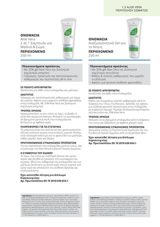 ΣΕ ΠΟΙΟΥΣ ΑΠΕΥΘΥΝΕΤΑΙ
Κατάλληλο για κάθε τύπο επιδερμίδας.
ΙΔΙΟΤΗΤΕΣ
Βαθύς και συγχρόνως απαλός καθαρισμός κατά τη
διάρκεια του ντους. Ενυδατώνει, δροσίζει και αφήνει
μια αίσθηση φυσικής περιποίησης στην επιδερμίδα,
με ευχάριστο άρωμα. Περιέχει βιολογικά εκχυλίσματα
από ακτινίδιο και 35% Aloe Vera.
ΤΡΟΠΟΣ ΧΡΗΣΗΣ
Απλώστε το σε βρεγμένη επιδερμίδα κατά τη διάρκεια
του ντους και ξεβγάλετε με άφθονο χλιαρό νερό.
ΠΡΟΤΕΙΝΟΜΕΝΟΣ ΣΥΝΔΥΑΣΜΟΣ ΠΡΟΪΟΝΤΩΝ
Δοκιμάστε επίσης το Περιποιητικό Σαμπουάν και την
Ενυδατική Λοσιόν Σώματος από τη σειρά Aloe Vera.
Έχει κατατεθεί Αίτηση για Δίπλωμα
Ευρεσιτεχνίας:
Αρ. Πρωτοκόλλου DE 10 2010 030 654.1
ΣΕ ΠΟΙΟΥΣ ΑΠΕΥΘΥΝΕΤΑΙ
Κατάλληλο για κάθε τύπο επιδερμίδας και μαλλιών.
ΙΔΙΟΤΗΤΕΣ
Γρήγορος και αποτελεσματικός καθαρισμός για σώμα
και μαλλιά. Αφήνει μια ευχάριστη αίσθηση φρεσκάδας
στην επιδερμίδα. Με 35% Aloe Vera και βιολογικό
εκχύλισμα μπαμπού.
ΤΡΟΠΟΣ ΧΡΗΣΗΣ
Χρησιμοποιήστε το στο ντους το πρωί, το βράδυ ή
μετά από σωματική άσκηση. Απλώστε το ομοιόμορφα
σε βρεγμένα μαλλιά και/ή την επιδερμίδα και
ξεπλύνετε με άφθονο νερό.
ΠΛΗΡΟΦΟΡΙΕΣ ΓΙΑ ΤΑ ΣΥΣΤΑΤΙΚΑ
Το μπαμπού είναι ένα συστατικό που χρησιμοποιείται
εδώ και πολλούς αιώνες στην κινέζικη ιατρική. Επίσης,
είναι ιδιαίτερα πολύτιμο για τη φροντίδα των μαλλιών,
καθώς χαρίζει όγκο και λάμψη.
ΠΡΟΤΕΙΝΟΜΕΝΟΣ ΣΥΝΔΥΑΣΜΟΣ ΠΡΟΪΟΝΤΩΝ
Για την περιποίηση της επιδερμίδας μετά το ντους, σας
συνιστούμε την Aloe Vera Ενυδατική Λοσιόν Σώματος.
Η ΣΥΜΒΟΥΛΗ ΤΟΥ ΕΙΔΙΚΟΥ
Το πρωί, ένα ντους με εναλλαγή ζεστού και κρύου
νερού σας βοηθά να τονώσετε την κυκλοφορία του
αίματος: Μετά τον καθαρισμό της επιδερμίδας και των
μαλλιών, ξεπλύνετε με ζεστό νερό, έπειτα γυρίστε στο
κρύο νερό και απολαύστε την αίσθηση δροσιάς και
αναζωογόνησης.
Έχει κατατεθεί Αίτηση για Δίπλωμα
Ευρεσιτεχνίας:
Αρ. Πρωτοκόλλου DE 10 2010 030 654.1
ΟΝΟΜΑΣΙΑ	
Αναζωογονητικό Gel για
το Ντους
ΠΕΡΙΕΧΟΜΕΝΟ	
250 ml
ΟΝΟΜΑΣΙΑ	
Aloe Vera
2 σε 1 Σαμπουάν για
Μαλλιά  Σώμα
ΠΕΡΙΕΧΟΜΕΝΟ	
250 ml
1.3 ALOE VERA
ΠΕΡΙΠΟΙΗΣΗ ΣΩΜΑΤΟΣ
Πλεονεκτήματα προϊόντος
• Με 35% gel Aloe Vera και βιολογικό
εκχύλισμα μπαμπού
• Γρήγορος, πρακτικός και αποτελεσματικός
καθαρισμός και περιποίηση all-in-one
Πλεονεκτήματα προϊόντος
• Με 35% gel Aloe Vera και βιολογικό
εκχύλισμα ακτινίδιου
• Βαθύς  απαλός καθαρισμός που χαρίζει
ενυδάτωση
• Αφήνει μια φυσική αίσθηση φρεσκάδας
Ingredients Aloe Barbadensis Leaf Juice, Aqua (Water), MIPA-Laureth Sul-
fate, Cocamidopropyl Betaine, PEG-15 Glyceryl Isostearate, Sodium Lauroyl
Glutamate, Sodium Chloride, Panthenol, Glyceryl Oleate, Coco-Glucoside,
Polyquaternium-10, Citric Acid, Sodium Benzoate, Parfum (Fragrance), Glyce-
rin, Potassium Sorbate, Ethylhexyl Methoxycinnamate, Butyl Methoxydiben-
zoylmethane, Phyllostachis Bambusoides Leaf Extract, Ethylhexyl Salicylate,
Butylphenyl Methylpropional, Lactic Acid, Geraniol, Linalool, Benzyl Benzoate,
Eugenol, Tocopherol, Hydrogenated Palm Glycerides Citrate, Lecithin, Iso-
propyl Alcohol, Hexyl Cinnamal, Limonene, Hydroxyisohexyl 3-Cyclohexene
Carboxaldehyde, Citronellol, Alpha-Isomethyl Ionone, Ascorbyl Palmitate, CI
17140 (Yellow 5), CI 42090 (Blue 1)
Ingredients Aqua (Water), Aloe Barbadensis Leaf Juice, MIPA-Laureth
Sulfate, Cocamidopropyl Betaine, Disodium Laureth Sulfosuccinate, Glyceryl
Oleate, Coco-Glucoside, Sodium Lauryl Glucose Carboxylate, Lauryl Glu-
coside, Glycerin, Sodium Chloride, Sodium Benzoate, Parfum (Fragrance),
Potassium Sorbate, Disodium EDTA, Citric Acid, Sorbic Acid, Butylphenyl
Methylpropional, Actinidia Chinensis (Kiwi) Fruit Extract, Tocopherol, Lactic
Acid, Hydroxyisohexyl 3-Cyclohexene Carboxaldehyde, Hydrogenated Palm
Glycerides Citrate, Citronellol, Alpha-Isomethyl Ionone, Lecithin, Ascorbyl
Palmitate, Hexyl Cinnamal, Limonene, Geraniol, Linalool, Benzyl Benzoate,
Eugenol, CI 19140 (Yellow 5), CI 42090 (Blue 1)
 