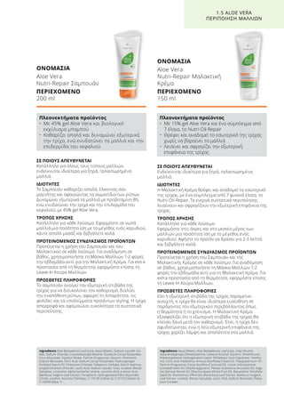 ΣΕ ΠΟΙΟΥΣ ΑΠΕΥΘΥΝΕΤΑΙ
Ενδείκνυται ιδιαίτερα για ξηρά, ταλαιπωρημένα
μαλλιά.
ΙΔΙΟΤΗΤΕΣ
Η Μαλακτική Κρέμα θρέφει και αναδομεί το εσωτερικό
της τρίχας, με ένα σύμπλεγμα από 7 φυσικά έλαια, το
Nutri-Oil-Repair. Τα ενεργά συστατικά περιποίησης
λειαίνουν και σφραγίζουν την εξωτερική επιφάνεια της
τρίχας.
ΤΡΟΠΟΣ ΧΡΗΣΗΣ
Κατάλληλο για κάθε λούσιμο.
Εφαρμόστε στις άκρες και στο μεσαίο μέρος των
μαλλιών μια ποσότητα ίση με το μέγεθος ενός
καρυδιού. Αφήστε το προϊόν να δράσει για 2-3 λεπτά
και ξεβγάλετε καλά.
ΠΡΟΤΕΙΝΟΜΕΝΟΣ ΣΥΝΔΥΑΣΜΟΣ ΠΡΟΪΟΝΤΩΝ
Προτείνεται η χρήση του Σαμπουάν και της
Μαλακτικής Κρέμας σε κάθε λούσιμο. Για αναδόμηση
σε βάθος, χρησιμοποιήστε τη Μάσκα Μαλλιών 1-2
φορές την εβδομάδα αντί για τη Μαλακτική Κρέμα. Για
extra προστασία από τη θερμότητα, εφαρμόστε επίσης
τη Leave-In Κούρα Μαλλιών.
ΠΡΟΣΘΕΤΕΣ ΠΛΗΡΟΦΟΡΙΕΣ
Εάν η εξωτερική στιβάδα της τρίχας παραμείνει
ανοιχτή, η τρίχα θα είναι ιδιαίτερα ευαίσθητη σε
παράγοντες του εξωτερικού περιβάλλοντος όπως
η θερμότητα ή το χτένισμα. Η Μαλακτική Κρέμα
εξασφαλίζει ότι η εξωτερική στιβάδα της τρίχας θα
κλείσει ξανά μετά τον καθαρισμό. Έτσι, η τρίχα δεν
αφυδατώνεται, ενώ η λεία εξωτερική επιφάνεια της
τρίχας χαρίζει λάμψη και απαλότητα στα μαλλιά.
ΣΕ ΠΟΙΟΥΣ ΑΠΕΥΘΥΝΕΤΑΙ
Κατάλληλο για όλους τους τύπους μαλλιών,
ενδείκνυται ιδιαίτερα για ξηρά, ταλαιπωρημένα
μαλλιά.
ΙΔΙΟΤΗΤΕΣ
Το Σαμπουάν καθαρίζει απαλά, έλκοντας σαν
μαγνήτης και αφαιρώντας τα σωματίδια των ρύπων.
Δυναμώνει εξωτερικά τα μαλλιά με προβιταμίνη Β5,
ενώ ενυδατώνει την τρίχα και την επιδερμίδα του
κεφαλιού, με 45% gel Aloe Vera.
ΤΡΟΠΟΣ ΧΡΗΣΗΣ
Κατάλληλο για κάθε λούσιμο. Εφαρμόστε σε νωπά
μαλλιά μια ποσότητα ίση με το μέγεθος ενός καρυδιού,
κάντε απαλό μασάζ και ξεβγάλετε καλά.
ΠΡΟΤΕΙΝΟΜΕΝΟΣ ΣΥΝΔΥΑΣΜΟΣ ΠΡΟΪΟΝΤΩΝ
Προτείνεται η χρήση του Σαμπουάν και του
Μαλακτικού σε κάθε λούσιμο. Για αναδόμηση σε
βάθος, χρησιμοποιήστε τη Μάσκα Μαλλιών 1-2 φορές
την εβδομάδα αντί για την Μαλακτική Κρέμα. Για extra
προστασία από τη θερμότητα, εφαρμόστε επίσης τη
Leave-In Κούρα Μαλλιών.
ΠΡΟΣΘΕΤΕΣ ΠΛΗΡΟΦΟΡΙΕΣ
Το σαμπουάν ανοίγει την εξωτερική στιβάδα της
τρίχας για να διευκολύνει τον καθαρισμό, διαλύει
την εναπόθεση ρύπων, αφαιρεί τη λιπαρότητα, τις
φολίδες και τα υπολείμματα προϊόντων styling. Η τρίχα
απορροφά και αφομοιώνει ευκολότερα τα συστατικά
περιποίησης.
ΟΝΟΜΑΣΙΑ
Aloe Vera
Nutri-Repair Σαμπουάν
ΠΕΡΙΕΧΟΜΕΝΟ	
200 ml
ΟΝΟΜΑΣΙΑ
Aloe Vera
Nutri-Repair Μαλακτική
Κρέμα
ΠΕΡΙΕΧΟΜΕΝΟ	
150 ml
1.5 ALOE VERA
ΠΕΡΙΠΟΙΗΣΗ ΜΑΛΛΙΩΝ
Πλεονεκτήματα προϊόντος
•	Με 45% gel Aloe Vera και βιολογικό
εκχύλισμα μπαμπού
•	Καθαρίζει απαλά και δυναμώνει εξωτερικά
την τρίχα, ενώ ενυδατώνει τα μαλλιά και την
επιδερμίδα του κεφαλιού
Πλεονεκτήματα προϊόντος
•	Με 15% gel Aloe Vera και ένα σύμπλεγμα από
7 έλαια, το Nutri-Oil-Repair
•	Θρέφει και αναδομεί το εσωτερικό της τρίχας
χωρίς να βαραίνει τα μαλλιά
•	Λειαίνει και σφραγίζει την εξωτερική
επιφάνεια της τρίχας
Ingredients Aloe Barbadensis Leaf Juice, Aqua (Water), Sodium Laureth Sul-
fate, Sodium Chloride, Cocamidopropyl Betaine, Disodium Cocoyl Glutamate,
Coco-Glucoside, Glyceryl Oleate, Parfum (Fragrance), Glycerin, Panthenol,
Sodium Benzoate, Citric Acid, Sodium Cocoyl Glutamate, Hydroxypropyl
Oxidized Starch PG Trimonium Chloride, Potassium Sorbate, Starch Hydroxy-
propyltrimonium Chloride, Lactic Acid, Sodium Lactate, Urea, Linalool, Benzyl
Salicylate, Limonene, Alpha-Isomethyl Ionone, Levulinic Acid, p-Anisic Acid,
Bambusa Vulgaris Leaf Extract, Tocopherol, Hydrogenated Palm Glycerides
Citrate, Lecithin, Ascorbyl Palmitate, CI 19140 (Yellow 5), CI 61570 (Green 6),
CI 42090 (Blue 1)
Ingredients Aqua (Water), Aloe Barbadensis Leaf Juice, Cetyl Alcohol,
Stearamidopropyl Dimethylamine, Cetearyl Alcohol, Glycerin, Dimethicone,
Phenoxyethanol, Hydrogenated Castor Oil/Sebacic Acid Copolymer, Panthe-
nol, Citric Acid, Helianthus Annuus (Sunflower) Seed Oil, Polyquaternium-37,
Parfum (Fragrance), Cocos Nucifera (Coconut) Oil, Linum Usitatissimum
(Linseed) Seed Oil, Ethylhexylglycerin, Persea Gratissima (Avocado) Oil, Arga-
nia Spinosa Kernel Oil, Olea Europaea (Olive) Fruit Oil, Macadamia Ternifolia
Seed Oil, Rosmarinus Officinalis (Rosemary) Leaf Extract, Bambusa Vulgaris
Leaf Extract, Linalool, Benzyl Salicylate, Lactic Acid, Sodium Benzoate, Potas-
sium Sorbate
 