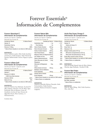 Forever Essentials®
                        Información de Complementos
Forever Absorbent C                                         Forever Nature Min                                          Arctic-Sea Super Omega 3
Información de Complementos                                 Información de Complementos                                 Información de Complementos
Tamaño por Ración 2 Tabletas                                Tamaño por Ración 4 Tabletas                                Tamaño por Ración 1 Cápsula suave
Raciones por Envase 30                                      Raciones por Envase 30                                      Raciones por Envase 30
Cantidad por Ración                   % Valores Diarios*                       Cantidad por Ración % Valores Diarios    Cantidad por Ración             % Valores Diarios
Calorías 10                                                 Carbohidrato Total                <1g            <1%*       Calorías 10
Carbohidrato Total 2g                               <1%        Fibra Dietética                <1g                3%*       Calorías de Grasas 10
Vitamina C 120mg                                   200%     Calcio (Fosfato Dicalcio)       667mg                70%    Grasa Total 1 g                                      2%*
* Valores Diarios basados en una dieta de 2.000 calorías.   Hierro (Fumarato Ferroso)        12mg                70%    Vitamina E 1 IU                                      3%*
                                                            Fósforo (Fosfato Dicalcio)      444mg                45%    Omega-3 ácidos grasos 375 mg                            †
INGREDIENTES                                                Yodo (Yiodo Potasio)           100mcg                70%       EPA (ácido eicosapentaenoico) 225 mg                 †
Avena, Sorbitol en polvo, Miel, Ácido Ascórbico             Magnesio (Óxido de Magnesio)267mg                    70%       DHA (ácido docosahexaenoico) 150 mg                  †
(vitamina C), Ácido Esteárico, Sabor Natural de
                                                            Zinc (Sulfato de Zinc)           10mg                70%    Ácido Oléico (aceite de oliva) 150 mg                   †
Naranja, Bioflavonoides Cítricos, Papaya en polvo,
                                                            Selenio (Seleniometionina)      24mcg                35%    * Valores Diarios basados en una dieta de 2.000 calorías.
Sílice.
                                                            Cobre (Gluconato de Cobre)      1.3mg                70%    † Valores Diarios no establecidos
                                                            Manganeso
Forever A-Beta-CarE
                                                            (Gluconato de Manganeso)          4mg              200%     INGREDIENTES
Información de Complementos                                                                                             Aceite de Pescado Natural, Aceite de Oliva, Gelatina,
                                                            Cromo
Tamaño por Ración 1 Cápsula suave                                                                                       Glicerina, Agua Purificada, y Tocoferol D-Alfa.
                                                            (Polinicotinato de Cromo)       24mcg                20%
Raciones por Envase 30
                                                            Molibdeno (Amino Molibdeno
Cantidad por Cápsula                   % Valores Diarios*                                                               Forever Bee Pollen
                                                            Ácido Quelatado)                24mcg                30%
Calorías 5                                                                                                              Información de Complementos
                                                            Vanadio (Amino Vanadio
Vitamina A 12,500 IU                                250%                                                                Tamaño por Ración 2 Tabletas
                                                            Ácido Quilatado)                24mcg                   †
   (100% Como Beta Carotina)                                                                                            Raciones por Envase 30
                                                            * Valores Diarios basados en una dieta de 2.000 calorías.
Vitamina E 200 IU                                   667%                                                                Cantidad por Ración
                                                            † Valores Diarios no establecidos
Selenio 25 mcg                                       36%                                                                Bee Pollen, granulada                           1000 mg
* Valores Diarios basados en una dieta de 2.000 calorías.                                                               * Valores Diarios no establecidos.
                                                            INGREDIENTES
                                                            Depósitos Minerales Marinos Naturales, Sodio
INGREDIENTES                                                Croscarmeloso, Ácido Esteárico                              INGREDIENTES
Aceite de Fríjol de Soya Refinado, Tocoferol D-                                                                         Polen de Abeja 500mg , Miel, Ácido Esteárico,
                                                            Contiene Mariscos (Camarón, Cangrejo,
Alfa, Gelatina, Glicerina, Cera de Abeja, Agua                                                                          Sílice, Jalea Real
                                                            Langosta).
Purificada, Polvo de Romero, Aceite de
Zanahoria, Lecitina de Soya, Extracto de
Algarrobo Oscuro, Beta Carotina, y L-
Selenometionina.

Contiene Soya.




                                                                                      Versión 5
 
