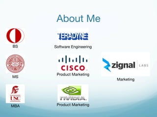 BS 
MS 
MBA 
About Me 
Software Engineering 
Product Marketing 
Product Marketing 
Marketing 
 