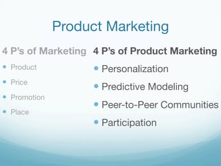 Product Marketing 
4 P’s of Product Marketing 
— Personalization 
— Predictive Modeling 
— Peer-to-Peer Communities 
— Participation 
4 P’s of Marketing 
— Product 
— Price 
— Promotion 
— Place 
 