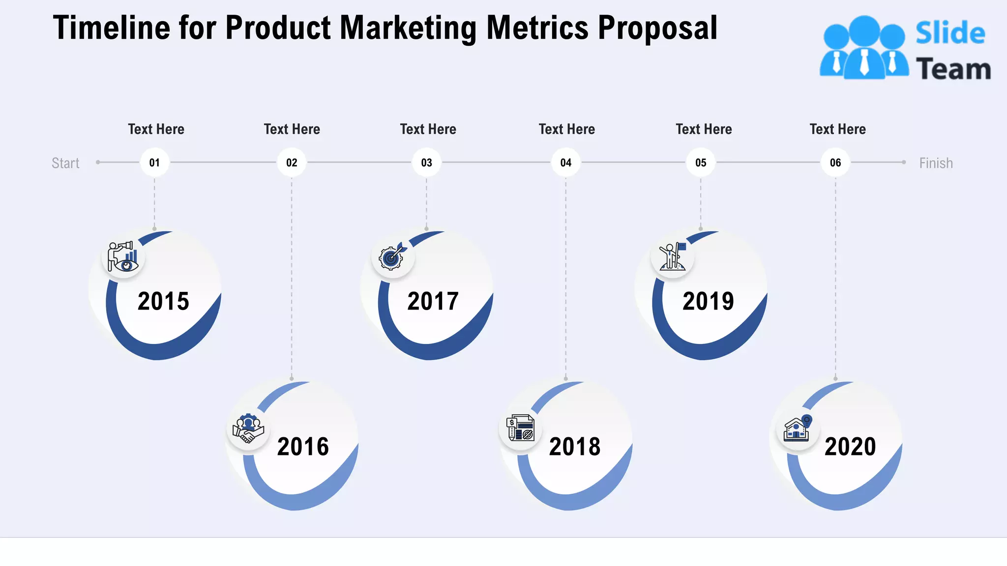 Timeline for Product Marketing Metrics Proposal
33
Text Here
01
2015
05
Text Here
2019
Text Here
03
2017
Text Here
06
2020
Text Here
04
2018
Text Here
02
2016
Start Finish
 