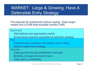 MARKET: Large & Growing, Have A
Defensible Entry Strategy
Pre-requisite for institutional venture capital: Clear target
market and a $10B total available market (TAM)
Seed round

•  Well defined and segmented market
•  Economical customer acquisition & retention strategy
First

•  Demonstrating customer acquisition cost & value
•  Defined sales force strategy
Expansion

•  Sales growth through established channels
•  Building a recognized brand name
•  Clear path to profitability
Copyright © 2009-2013 Startup Capital Ventures

Page 11

 