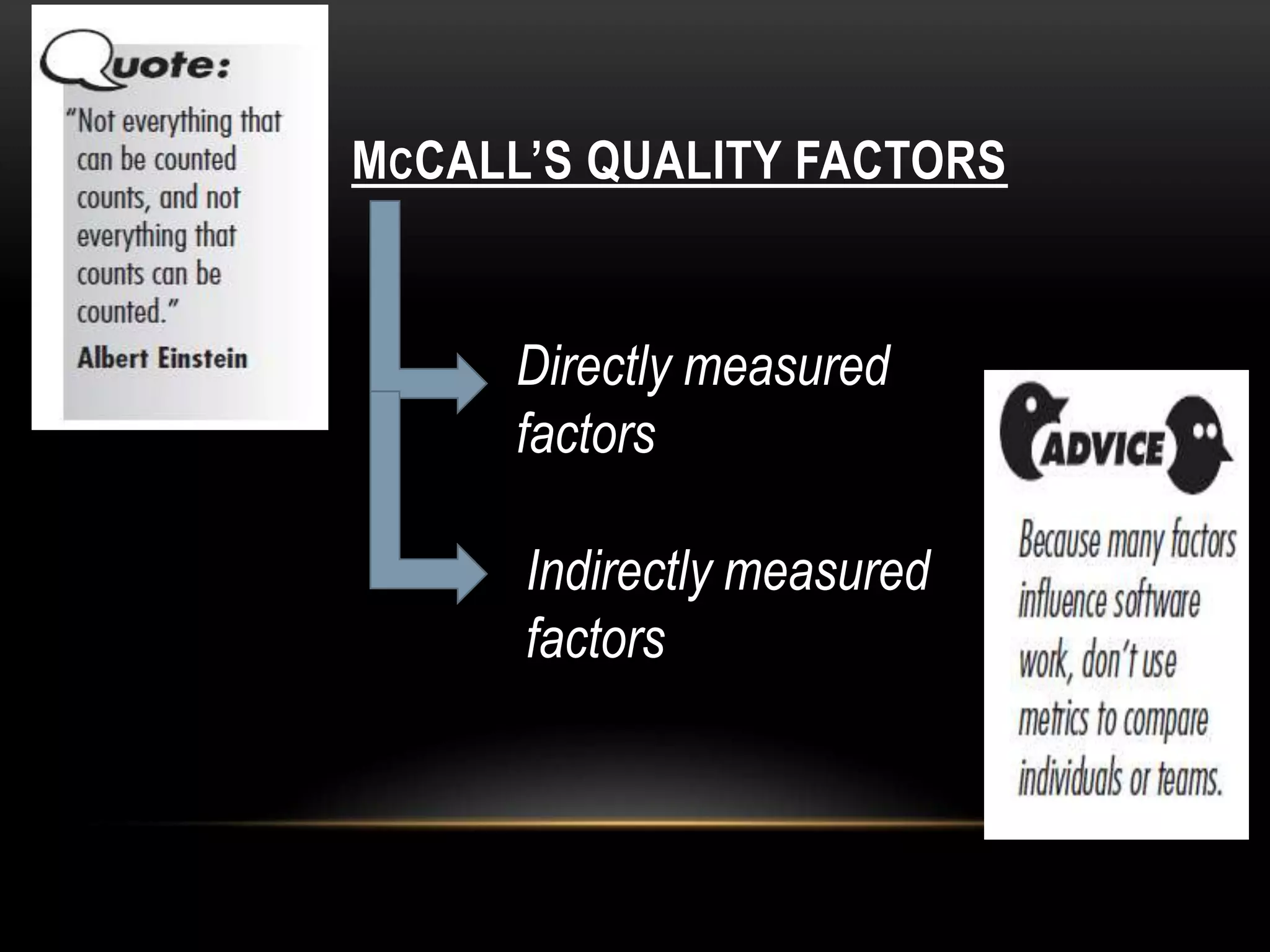MCCALL’S QUALITY FACTORS


      Directly measured
      factors

      Indirectly measured
      factors
 