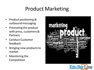 Product Marketing
• Product positioning &
  outbound messaging
• Promoting the product
  with press, customers &
  Partners
• Conduct Customer
  feedback
• Bringing new products to
  market
• Monitoring the
  Competition
 