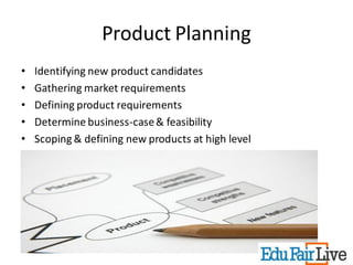 Product Planning
•   Identifying new product candidates
•   Gathering market requirements
•   Defining product requirements
•   Determine business-case & feasibility
•   Scoping & defining new products at high level
 