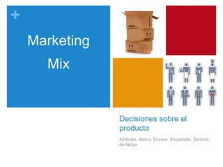 +
Decisiones sobre el
producto
Atributos. Marca. Envase. Etiquetado. Servicio
de Apoyo
Marketing
Mix
 
