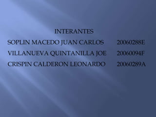 INTERANTES SOPLIN MACEDO JUAN CARLOS	20060288E VILLANUEVA QUINTANILLA JOE	20060094F	 CRISPIN CALDERON LEONARDO	20060289A 