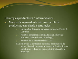 Estrategias productores / intermediarios
a. Manejo de marca dentro de una mezcla de
    productos, esto desde 3 estrategias:
        1.  Un nombre diferente para cada producto (Proter &
            Gamble)
        2.  Nombre compañía combinado con nombre de
            producto (Rice Krispies de Kellogs)
        3.  Nombre de la compañía solo ( GE)
        EL nombre de la compañía se utiliza para manejo de
            marca, llamado manejo de marca de familia, lo cual
            simplifica y reduce los costos de introducción al
            mercado
 