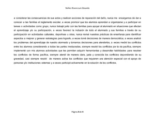 Núñez Rivera Luis Eduardo
Página 4 de 4
a considerar las consecuencias de sus actos y realicen acciones de reparación del daño, nunca me encargamos de dar a
conocer a las familias el reglamento escolar, a veces promoví que los alumnos aprendan a organizarse y a participar en
tareas o actividades como grupo, nunca trabajé junto con las familias para apoyar al alumnado en situaciones que afectan
el aprendizaje y/o su participación, a veces favorecí la inclusión de todo el alumnado y sus familias a través de su
participación en actividades culturales, deportivas u otras, nunca revisé nuestras prácticas de enseñanza para identificar
aspectos a mejorar y generar estrategias para lograrlo, a veces tomé decisiones de manera democrática, a veces analicé
los problemas del aprendizaje de nuestro alumnado y tomamos decisiones para atenderlos, a veces medié los conflictos
entre los alumnos considerando a todas las partes involucradas, siempre resolví los conflictos por la vía pacífica, siempre
implementé con mis alumnos actividades que les permiten adquirir herramientas y desarrollar habilidades para resolver
los conflictos de forma pacífica, siempre atendí de manera clara, justa y conocida los conflictos dependiendo de su
gravedad, casi siempre resolví de manera activa los conflictos que requieren una atención especial con el apoyo de
personas y/o instituciones externas y a veces participé activamente en la solución de los conflictos.
 