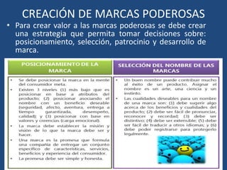 CREACIÓN DE MARCAS PODEROSAS
• Para crear valor a las marcas poderosas se debe crear
una estrategia que permita tomar decisiones sobre:
posicionamiento, selección, patrocinio y desarrollo de
marca.
 