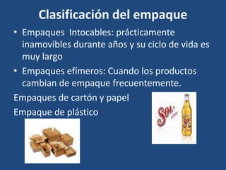 Clasificación del empaque
• Empaques Intocables: prácticamente
inamovibles durante años y su ciclo de vida es
muy largo
• Empaques efímeros: Cuando los productos
cambian de empaque frecuentemente.
Empaques de cartón y papel
Empaque de plástico
 