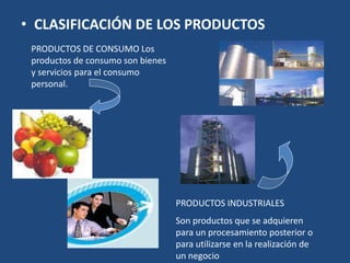 • CLASIFICACIÓN DE LOS PRODUCTOS
PRODUCTOS DE CONSUMO Los
productos de consumo son bienes
y servicios para el consumo
personal.
PRODUCTOS INDUSTRIALES
Son productos que se adquieren
para un procesamiento posterior o
para utilizarse en la realización de
un negocio
 