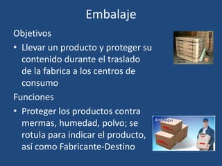 Embalaje
Objetivos
• Llevar un producto y proteger su
contenido durante el traslado
de la fabrica a los centros de
consumo
Funciones
• Proteger los productos contra
mermas, humedad, polvo; se
rotula para indicar el producto,
así como Fabricante-Destino
 