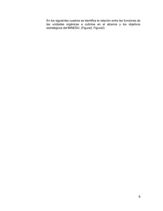 8
En los siguientes cuadros se identifica la relación entre las funciones de
las unidades orgánicas a cubrirse en el alcance y los objetivos
estratégicos del MINEDU. (Figura2, Figura3)
 