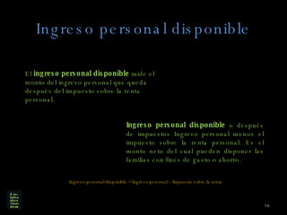 Ingreso personal disponible Ingreso personal disponible  o después de impuestos Ingreso personal menos el impuesto sobre la renta personal. Es el monto neto del cual pueden disponer las familias con fines de gasto o ahorro. El  ingreso personal disponible  mide el monto del ingreso personal que queda después del impuesto sobre la renta personal. Ingreso personal disponible = Ingreso personal – Impuesto sobre la renta 