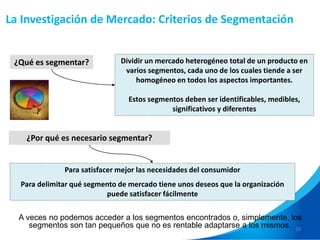 10
¿Qué es segmentar? Dividir un mercado heterogéneo total de un producto en
varios segmentos, cada uno de los cuales tiende a ser
homogéneo en todos los aspectos importantes.
Estos segmentos deben ser identificables, medibles,
significativos y diferentes
¿Por qué es necesario segmentar?
Para satisfacer mejor las necesidades del consumidor
Para delimitar qué segmento de mercado tiene unos deseos que la organización
puede satisfacer fácilmente
A veces no podemos acceder a los segmentos encontrados o, simplemente, los
segmentos son tan pequeños que no es rentable adaptarse a los mismos.
La Investigación de Mercado: Criterios de Segmentación
 