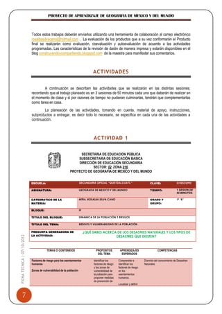 PROYECTO DE APRENDIZAJE DE GEOGRAFIA DE MEXICO Y DEL MUNDO



                             Todos estos trabajos deberán enviarlos utilizando una herramienta de colaboración al correo electrónico
                             rosalbasilvacano@hotmail.com . La evaluación de los productos que a su vez conformarán el Producto
                             final se realizarán como evaluación, coevaluación y autoevaluación de acuerdo a las actividades
                             programadas. Las características de la revisión de darán de manera impresa y estarán disponibles en el
                             blog construyendoycompartiendo.blogspot.com de la maestra para manifestar sus comentarios.



                                                                                  ACTIVIDADES


                                     A continuación se describen las actividades que se realizarán en las distintas sesiones;
                             recordando que el trabajo planeado es en 3 sesiones de 50 minutos cada una que deberán de realizar en
                             el momento de clase y si por razones de tiempo no pudieran culminarlas, tendrán que complementarlas
                             como tarea en casa.
                                     La planeación de las actividades, tomando en cuenta, material de apoyo, instrucciones,
                             subproductos a entregar, es decir todo lo necesario, se especifica en cada una de las actividades a
                             continuación.



                                                                                   ACTIVIDAD 1


                                                                  SECRETARIA DE EDUCACION PÚBLICA
                                                                 SUBSECRETARIA DE EDUCACIÓN BASICA
                                                                 DIRECCIÓN DE EDUCACIÓN SECUNDARIA
                                                                         SECTOR: 02 ZONA 016.
                                                             PROYECTO DE GEOGRAFIA DE MEXICO Y DEL MUNDO


                             ESCUELA:                                  SECUNDARIA OFICIAL “QUETZALCOATL”                          CLAVE:                 21EESO299Z

                             ASIGNATURA:                               GEOGRAFIA DE MEXICO Y DEL MUNDO                            TIEMPO:                1 SESION DE
                                                                                                                                                         50 MINUTOS.

                             CATEDRATICO DE LA                         MTRA. ROSALBA SILVA CANO                                   GRADO Y                1ª “B”
                             MATERIA:                                                                                             GRUPO:

                             BLOQUE:                                   III

                             TITULO DEL BLOQUE:                        DINAMICA DE LA POBLACIÓN Y RIESGOS

                             TITULO DEL TEMA:                          RIESGOS Y VULNERABILIDAD DE LA POBLACIÓN

                             PREGUNTA GENERADORA DE                          ¿QUÉ SABES ACERCA DE LOS DESASTRES NATURALES Y LOS TIPOS DE
                             LA ACTIVIDAD:                                                    DESASTRES QUE EXISTEN?
FICHA TECNICA | 07/10/2012




                                         TEMAS O CONTENIDOS                         PROPOSITOS           APRENDIZAJES                    COMPETENCIAS
                                                                                     DEL TEMA             ESPERADOS

                             Factores de riesgo para los asentamientos             Identificar los      Comprender e          Dominio del conocimiento de Desastres
                             humanos                                               factores de riesgo   identificar los       Naturales
                                                                                   y las zonas de       factores de riesgo
                             Zonas de vulnerabilidad de la población               vulnerabilidad de    en los
                                                                                   la población para    asentamientos
                                                                                   proponer medidas     humanos.
                                                                                   de prevención de
                                                                                                        Localizar y definir



          7
 