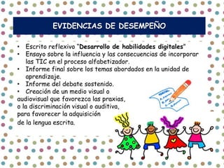 EVIDENCIAS DE DESEMPEÑO

• Escrito reflexivo “Desarrollo de habilidades digitales”
• Ensayo sobre la influencia y las consecuencias de incorporar
    las TIC en el proceso alfabetizador.
• Informe final sobre los temas abordados en la unidad de
    aprendizaje.
• Informe del debate sostenido.
• Creación de un medio visual o
audiovisual que favorezca las praxias,
o la discriminación visual o auditiva,
para favorecer la adquisición
de la lengua escrita.
 