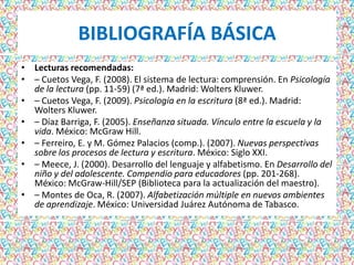 BIBLIOGRAFÍA BÁSICA
• Lecturas recomendadas:
• – Cuetos Vega, F. (2008). El sistema de lectura: comprensión. En Psicología
  de la lectura (pp. 11-59) (7ª ed.). Madrid: Wolters Kluwer.
• – Cuetos Vega, F. (2009). Psicología en la escritura (8ª ed.). Madrid:
  Wolters Kluwer.
• – Díaz Barriga, F. (2005). Enseñanza situada. Vínculo entre la escuela y la
  vida. México: McGraw Hill.
• – Ferreiro, E. y M. Gómez Palacios (comp.). (2007). Nuevas perspectivas
  sobre los procesos de lectura y escritura. México: Siglo XXI.
• – Meece, J. (2000). Desarrollo del lenguaje y alfabetismo. En Desarrollo del
  niño y del adolescente. Compendio para educadores (pp. 201-268).
  México: McGraw-Hill/SEP (Biblioteca para la actualización del maestro).
• – Montes de Oca, R. (2007). Alfabetización múltiple en nuevos ambientes
  de aprendizaje. México: Universidad Juárez Autónoma de Tabasco.
 
