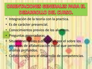 • Integración de la teoría con la practica.
• Es de carácter presencial.
• Conocimientos previos de los alumnos.
• Preguntas generadoras.
• Situaciones reales o diseñadas por el sobre los
  procesos de alfabetización inicial que permiten
  análisis profundos.
• Condiciones para el desarrollo de competencias.
 