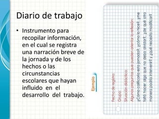 Diario de trabajo
• Instrumento para
recopilar información,
en el cual se registra
una narración breve de
la jornada y de los
hechos o las
circunstancias
escolares que hayan
influido en el
desarrollo del trabajo.
 