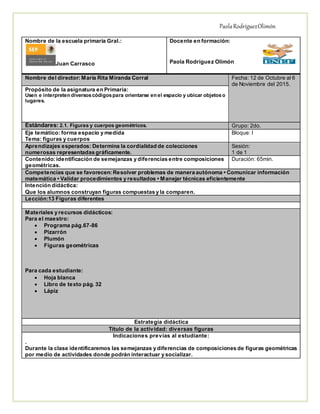 PaolaRodríguezOlimón
Nombre de la escuela primaria Gral.:
Juan Carrasco
Docente en formación:
Paola Rodríguez Olimón
Nombre del director: María Rita Miranda Corral Fecha: 12 de Octubre al 6
de Noviembre del 2015.
Propósito de la asignatura en Primaria:
Usen e interpreten diversoscódigospara orientarse en el espacio y ubicar objetoso
lugares.
Estándares: 2.1. Figuras y cuerpos geométricos. Grupo: 2do.
Eje temático: forma espacio y medida
Tema: figuras y cuerpos
Bloque: I
Aprendizajes esperados: Determina la cordialidad de colecciones
numerosas representadas gráficamente.
Sesión:
1 de 1
Contenido: identificación de semejanzas y diferencias entre composiciones
geométricas.
Duración: 65min.
Competencias que se favorecen: Resolver problemas de manera autónoma • Comunicar información
matemática • Validar procedimientos y resultados • Manejar técnicas eficientemente
Intención didáctica:
Que los alumnos construyan figuras compuestas y la comparen.
Lección:13 Figuras diferentes
Materiales y recursos didácticos:
Para el maestro:
 Programa pág.67-86
 Pizarrón
 Plumón
 Figuras geométricas
Para cada estudiante:
 Hoja blanca
 Libro de texto pág. 32
 Lápiz
Estrategia didáctica
Título de la actividad: diversas figuras
Indicaciones previas al estudiante:
.
Durante la clase identificaremos las semejanzas y diferencias de composiciones de figuras geométricas
por medio de actividades donde podrán interactuar y socializar.
 
