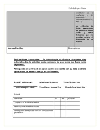 PaolaRodríguezOlimón
constitutiva de la
enseñanza y del
aprendizaje”.
(Plan de estudios 2011,
pág. 31).
Las evidencias de
dichas evaluaciones
me permitirán emitir
juicios y tomar
decisiones que me
permitan mejorar el
desempeño de los
alumnos.
Logros obtenidos: Observaciones
Adecuaciones curriculares: En caso de que los alumnos estuvieran muy
indisciplinados, la actividad seria cambiada, de una forma que fuera mejor
organizada.
Anticipación de actividad: si algún alumno no cuenta con su libro tendrá la
oportunidad de hacer el trabajo en su cuaderno.
Anexo1
Evaluación Si No ¿Por qué?
Comprendí la actividad a realizar
Realicé con facilidad la actividad
Identifique las semejanzas entre las composiciones
geométricas.
ALUMNO PRACTICANTE ENCARGADODEL GRUPO VO.BO DEL DIRECTOR
Paola Rodríguez Olimón Víctor Manuel Sandoval Ceja Miranda Corral María Rita
 
