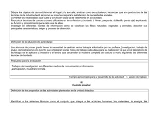 Dibujar los objetos de uso cotidiano en el hogar y la escuela, analizar como se obtuvieron, reconocer que son producctos de las
tecnicas de la industria textil asi como su importancia para la satisfaccion de necesidades sociales.
Comentar las necesidades que cubre y la funcion social de la vestimenta en la sociedad.
Reproducir tecnicas de costura a mano utilizadas en la confeccion y bordado. ( hilvan, pespunte, dobladillo punto ojal) explicando
su funcion y procedimiento para cada una de ellas.
investigar en diferentes fuentes de información cómo se clasifican las fibras naturales: vegetales y animales; describir sus
principales características, origen y proceso de obtención.




Definición de la situación de aprendizaje

Los alunmos de primer grado tienen la necesidad de realizar varios trabajos solocitados por su profesor,(investigacion, trabajo de
grupo, demostraciones etc.) por lo que emplearan varias horas de trabajo extra-clase para su realizacion ya que en el laboratorio de
tecnologia se le aplicara la muestra y el tendra que desarrollar la muestra completa de costura a mano siguiendo las diferentes
tecnicas de bordado.

Propuesta para la evaluación

 Trabajos de investigacion en diferentes medios de comunicación e informacion
, participacion, muestrario en tela


                                                        Tiempo aproximado para el desarrollo de la actividad: 4 sesión de trabajo.

                                                                  III
                                                            Cuándo enseñar

Definición de los propositos de las actividades planteadas en la unidad didactica



Identificar a los sistemas técnicos como el conjunto que integra a las acciones humanas, los materiales, la energía, las
 