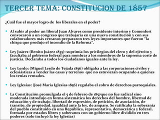 TERCER TEMA: CONSTITUCION DE 1857 <ul><li>¿Cuál fue el mayor logro de  los liberales en el poder? </li></ul><ul><li>  </li...