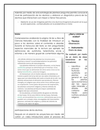 Además por medio de esta estrategia de plantear preguntas permite conocer el
nivel de participación de los alumnos y elaborar un diagnóstico previo de los
alumnos que interactúan con mayor o menor frecuencia.
- Mediante el uso de imágenes permite a los alumnos imaginar la situación en la que
se está explicando, contextualizarlos en la problemática a tratar.
Inicio:
Comenzaremos analizando la página 54 de su libro de
Ciencias Naturales con la finalidad de introducir un
poco a los alumnos sobre el contenido a abordar.
Durante el transcurso del texto se irán preguntando
aspectos esenciales de la lectura por ejemplo las
definiciones de: autótrofas, heterótrofos, envés y
estomas y de manera grupal de comentaran algunas
participaciones de los alumnos.
Después en el pizarrón les proyectare por medio del
cañón un video introductorio sobre el proceso de
¿Qué y cómo se
evalúa?
 Técnica:
Observación.
 Instrumento:
Diario de clase.
Se evaluará por medio
de un diario de clase
basándose en los
indicadores:
- Identifica el
proceso de
Nutrición
autótrofa en
plantas: en
general en que
las plantas
aprovechanlaluz
del Sol, agua,
sales minerales y
dióxido de
carbono del
medio para
nutrirse y producir
oxígeno.
 