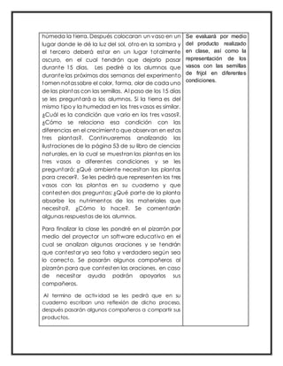 húmeda la tierra. Después colocaran un vaso en un
lugar donde le dé la luz del sol, otro en la sombra y
el tercero deberá estar en un lugar totalmente
oscuro, en el cual tendrán que dejarlo pasar
durante 15 días. Les pediré a los alumnos que
durante las próximas dos semanas del experimento
tomen notassobre el color, forma, olor de cada uno
de las plantas con las semillas. Al paso de los 15 días
se les preguntará a los alumnos. Si la tierra es del
mismo tipo y la humedad en los tres vasos es similar.
¿Cuál es la condición que vario en los tres vasos?,
¿Cómo se relaciona esa condición con las
diferencias en el crecimiento que observan en estas
tres plantas?. Continuaremos analizando las
ilustraciones de la página 53 de su libro de ciencias
naturales, en la cual se muestran las plantas en los
tres vasos a diferentes condiciones y se les
preguntará: ¿Qué ambiente necesitan las plantas
para crecer?. Se les pedirá que representen los tres
vasos con las plantas en su cuaderno y que
contesten dos preguntas: ¿Qué parte de la planta
absorbe los nutrimentos de los materiales que
necesita?, ¿Cómo lo hace?. Se comentarán
algunas respuestas de los alumnos.
Para finalizar la clase les pondré en el pizarrón por
medio del proyector un software educativo en el
cual se analizan algunas oraciones y se tendrán
que contestar ya sea falso y verdadero según sea
lo correcto. Se pasarán algunos compañeros al
pizarrón para que contesten las oraciones, en caso
de necesitar ayuda podrán apoyarlos sus
compañeros.
Al termino de actividad se les pedirá que en su
cuaderno escriban una reflexión de dicho proceso,
después pasarán algunos compañeros a compartir sus
productos.
Se evaluará por medio
del producto realizado
en clase, así como la
representación de los
vasos con las semillas
de frijol en diferentes
condiciones.
 