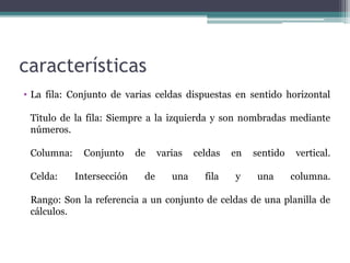 características
• La fila: Conjunto de varias celdas dispuestas en sentido horizontal
Titulo de la fila: Siempre a la izquierda y son nombradas mediante
números.
Columna:
Celda:

Conjunto
Intersección

de
de

varias
una

celdas

en

fila

y

sentido
una

vertical.
columna.

Rango: Son la referencia a un conjunto de celdas de una planilla de
cálculos.

 