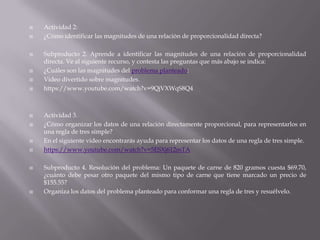 


















Actividad 2:
¿Cómo identificar las magnitudes de una relación de proporcionalidad directa?
Subproducto 2. Aprende a identificar las magnitudes de una relación de proporcionalidad
directa. Ve al siguiente recurso, y contesta las preguntas que más abajo se indica:
¿Cuáles son las magnitudes del problema planteado:
Video divertido sobre magnitudes.
https://www.youtube.com/watch?v=9QjVXWqS8Q4

Actividad 3.
¿Cómo organizar los datos de una relación directamente proporcional, para representarlos en
una regla de tres simple?
En el siguiente video encontrarás ayuda para representar los datos de una regla de tres simple.
https://www.youtube.com/watch?v=5ESXj612mTA
Subproducto 4. Resolución del problema: Un paquete de carne de 820 gramos cuesta $69.70,
¿cuánto debe pesar otro paquete del mismo tipo de carne que tiene marcado un precio de
$155.55?
Organiza los datos del problema planteado para conformar una regla de tres y resuélvelo.

 