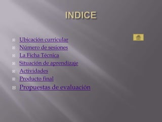 

Ubicación curricular
Número de sesiones
La Ficha Técnica
Situación de aprendizaje
Actividades
Producto final



Propuestas de evaluación







 