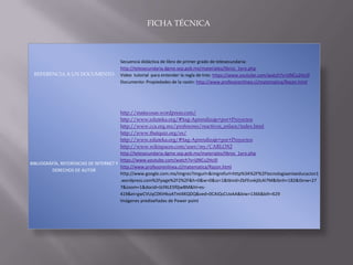 FICHA TÉCNICA

REFERENCIA A UN DOCUMENTO

Secuencia didáctica de libro de primer grado de telesecundaria:
http://telesecundaria.dgme.sep.gob.mx/materiales/libros_1ero.php
Video tutorial para entender la regla de tres: https://www.youtube.com/watch?v=ijlNCu2Hci0
Documento: Propiedades de la razón: http://www.profesorenlinea.cl/matematica/Razon.html

http://matecosas.wordpress.com/
http://www.eduteka.org/#!tag-Aprendizaje+por+Proyectos
http://www.cca.org.mx/profesores/reactivos_enlace/index.html
http://www.thatquiz.org/es/
http://www.eduteka.org/#!tag-Aprendizaje+por+Proyectos
http://www.wikispaces.com/user/my/CARLOX2
http://telesecundaria.dgme.sep.gob.mx/materiales/libros_1ero.php
https://www.youtube.com/watch?v=ijlNCu2Hci0
BIBLIOGRÁFÍA, REFERENCIAS DE INTERNET Y
http://www.profesorenlinea.cl/matematica/Razon.html
DERECHOS DE AUTOR
http://www.google.com.mx/imgres?imgurl=&imgrefurl=http%3A%2F%2Ftecnologiaenlaeducacion1
.wordpress.com%2Fpage%2F2%2F&h=0&w=0&sz=1&tbnid=ZbFEvvkj0cAI7M&tbnh=182&tbnw=27
7&zoom=1&docid=IJcf4LE5f0jwBM&hl=es419&ei=gwCVUqC0KtHkoATml4KQDQ&ved=0CAIQsCUoAA&biw=1366&bih=629
Imágenes prediseñadas de Power point

 